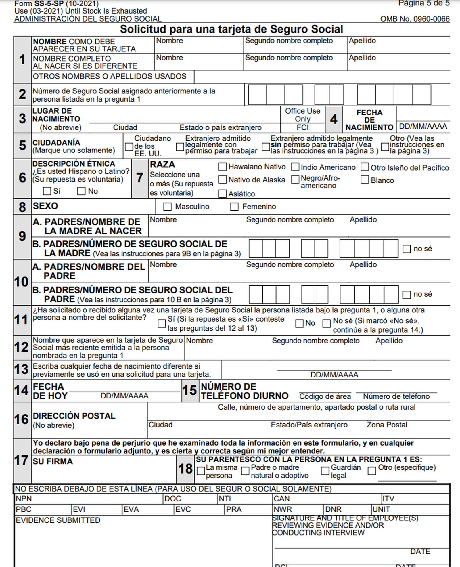 Este es el formulario para la tarjeta del Seguro Social de EE. UU. (Foto: SSA)