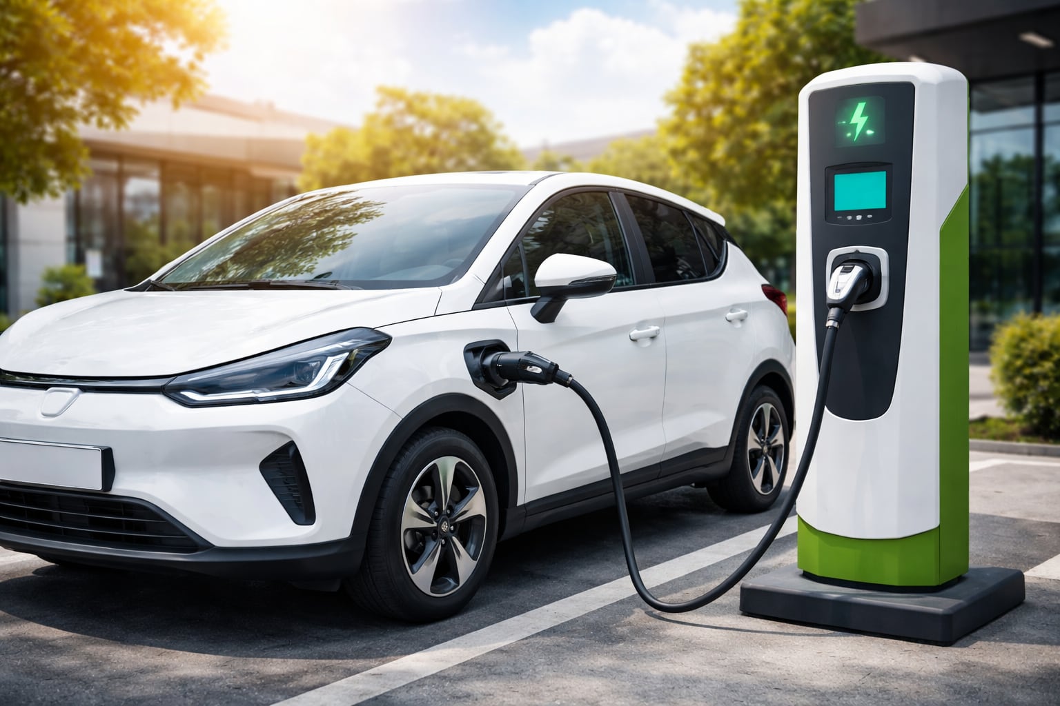 Un vehículo eléctrico cargando en una estación. (Foto: Chat GPT)