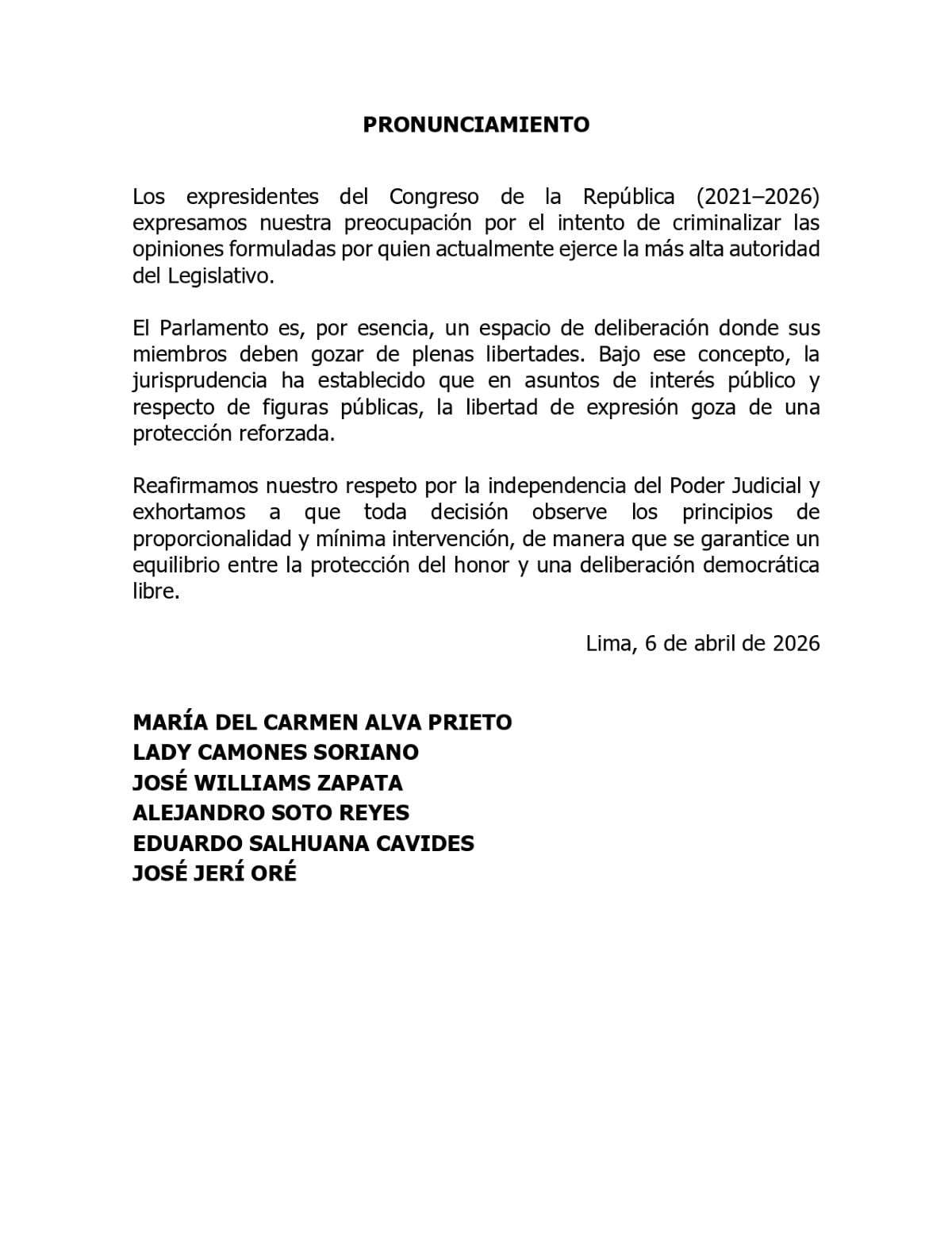 Pronunciamiento de los ex presidentes del Congreso de la República. Foto: X.