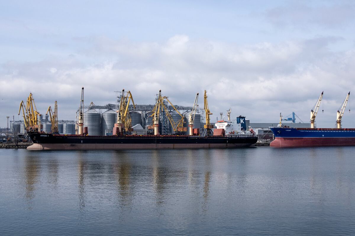 Imagen de archivo | Los graneleros ARGO I (L) y Lucent están atracados en la terminal de granos del puerto de Odessa, Ucrania. (Foto de Bo Amstrup / Ritzau Scanpix / AFP)