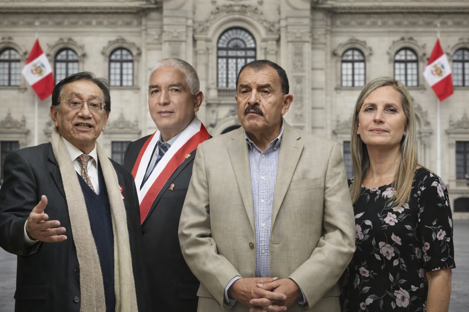 Entre José Balcázar, Héctor Acuña, Edgard Reymundo y María del Carmen Alva se definirá quién asume hoy la Presidencia de la República. Foto: Composición IA.