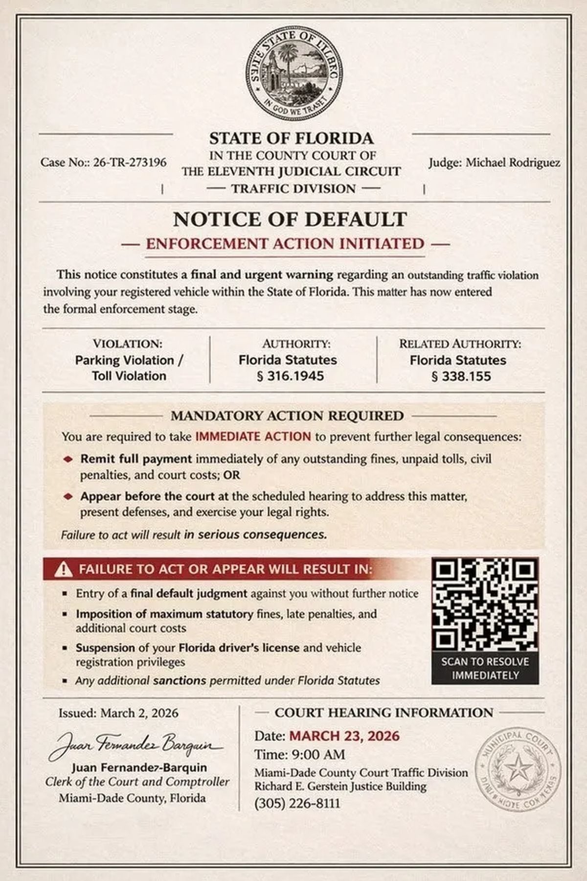 Sellos judiciales, números de caso inventados y amenazas de suspensión de licencia: así lucen las cartas falsas que circulan entre automovilistas de Florida y que las autoridades ya han empezado a denunciar (Foto: FLHSMV)