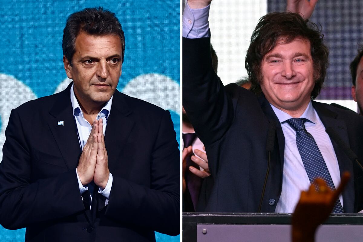 Los candidatos a las presidenciales de Argentina en 2023, Sergio Massa y Javier Milei. (Fotos de Emiliano Lasalvia / Luis Robayo / AFP)