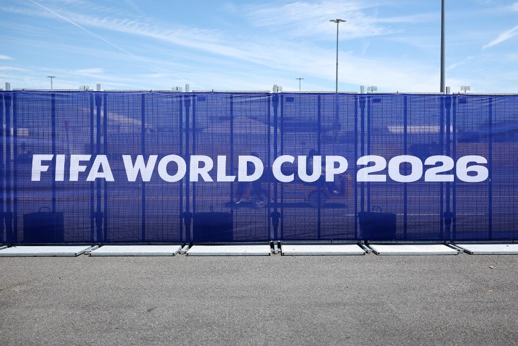A sign is seen at New York New Jersey Stadium (temporarily renamed from MetLife Stadium) ahead of the 2026 FIFA World Cup in East Rutherford, New Jersey, on May 26, 2026. (Photo by CHARLY TRIBALLEAU / AFP)