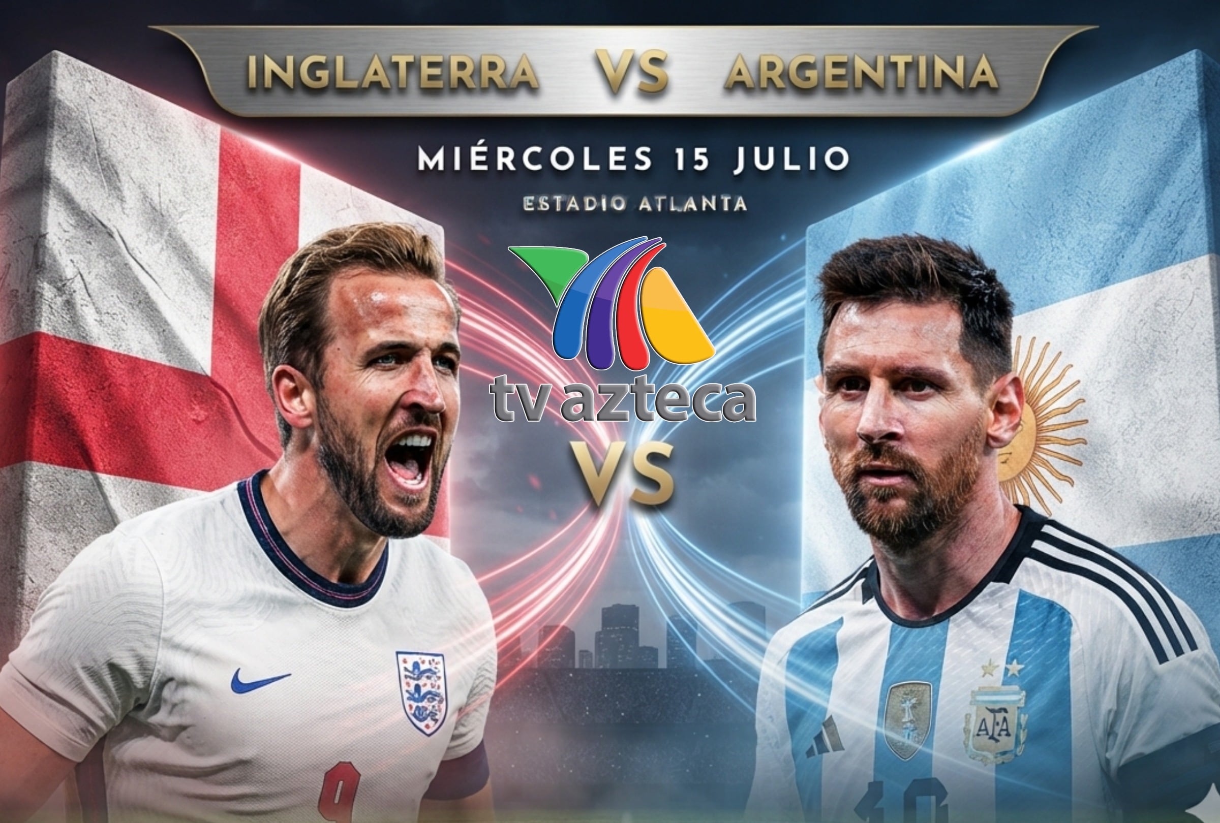 ATLANTA, GEORGIA, (ESTADOS UNIDOS), 15/07/2026.- TV Azteca 7 te llevará EN VIVO el partido de Argentina vs. Inglaterra hoy miércoles 15 de julio por la semifinal del Mundial 2026 desde Mercedes-Benz Stadium, Atlanta, Georgia, Estados Unidos. Foto: Imagen creada por Gemini.