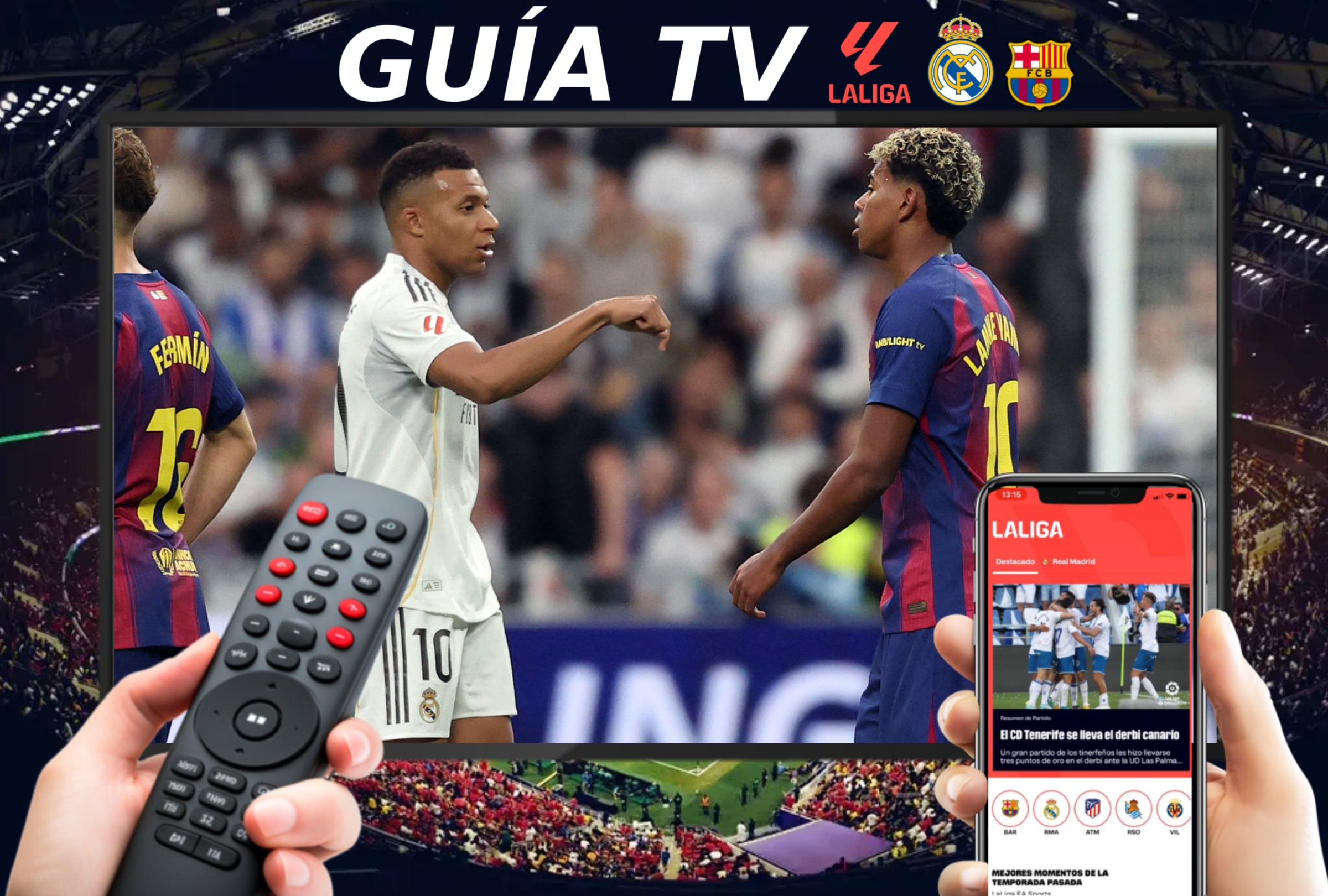 YEDA (ARABIA SAUDITA), 11/01/2026.- Lista de canales de televisión y servicios streaming para ver el partido entre Real Madrid y FC Barcelona este domingo 11 de enero por El Clásico de la gran final de la Supercopa de España 2026 desde Yeda, Arabia Saudita. IMAGEN CREADA POR NOÉ YACTAYO CON FOTO DE ÓSCAR DEL POZO (AFP) PARA MAG DE EL COMERCIO