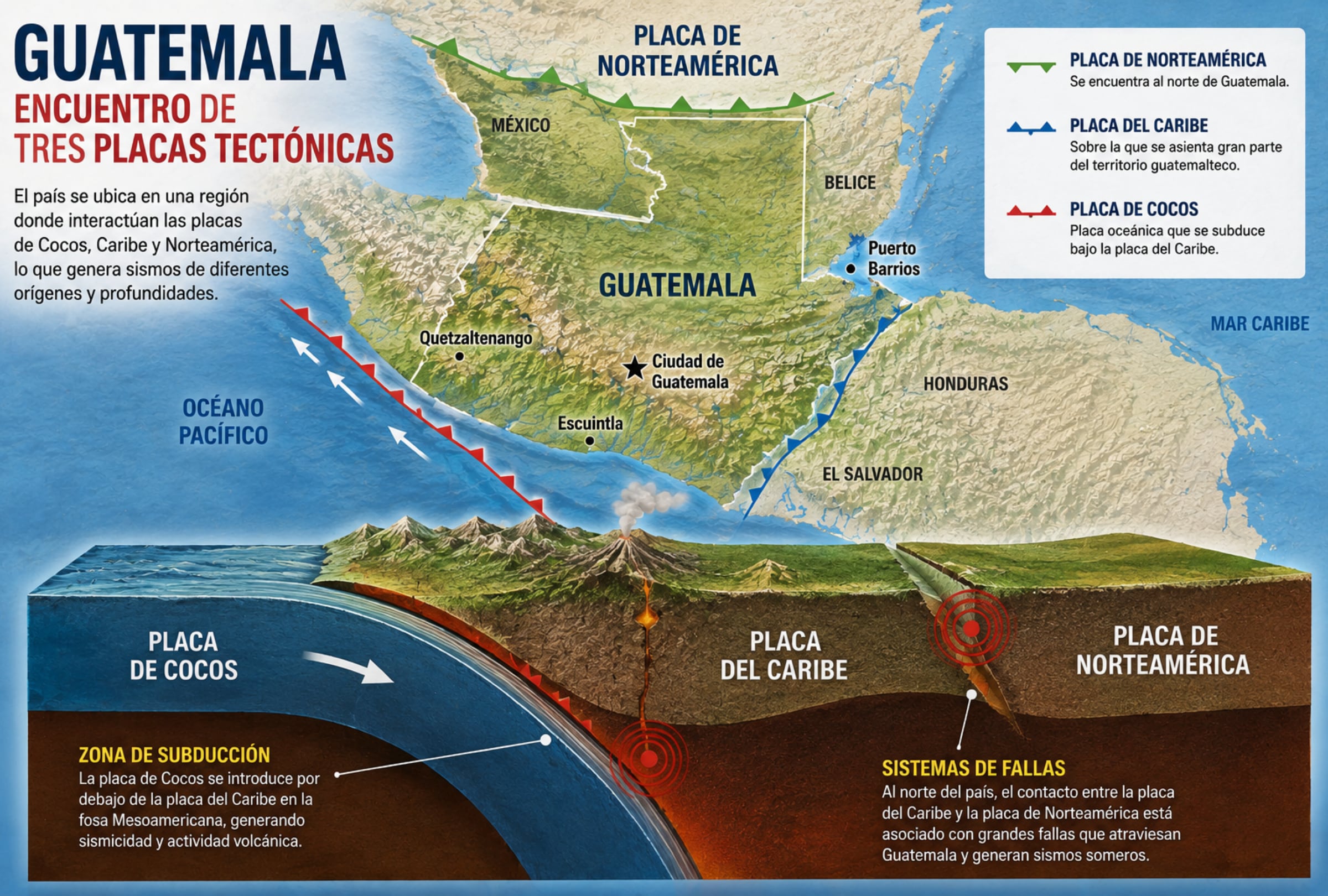 Guatemala se encuentra en una región donde interactúan las placas de Cocos, Caribe y Norteamérica, una configuración tectónica que explica buena parte de la actividad sísmica del país. Frente al Pacífico, la placa de Cocos se introduce bajo la placa del Caribe, mientras que al norte existen sistemas de fallas asociados al contacto entre otras placas. FOTO DE NOÉ YACTAYO