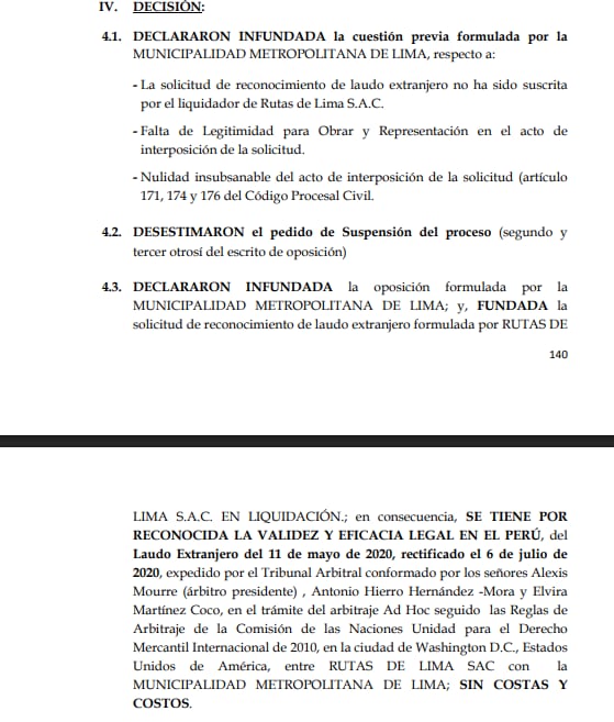 MATERIA: RECONOCIMIENTO DE LAUDO ARBITRAL EXTRANJERO. CORTE SUPERIOR DE JUSTICIA DE LIMA, PRIMERA SALA CIVIL SUBESPECIALIDAD COMERCIAL. Fuente: Diario Gestión.