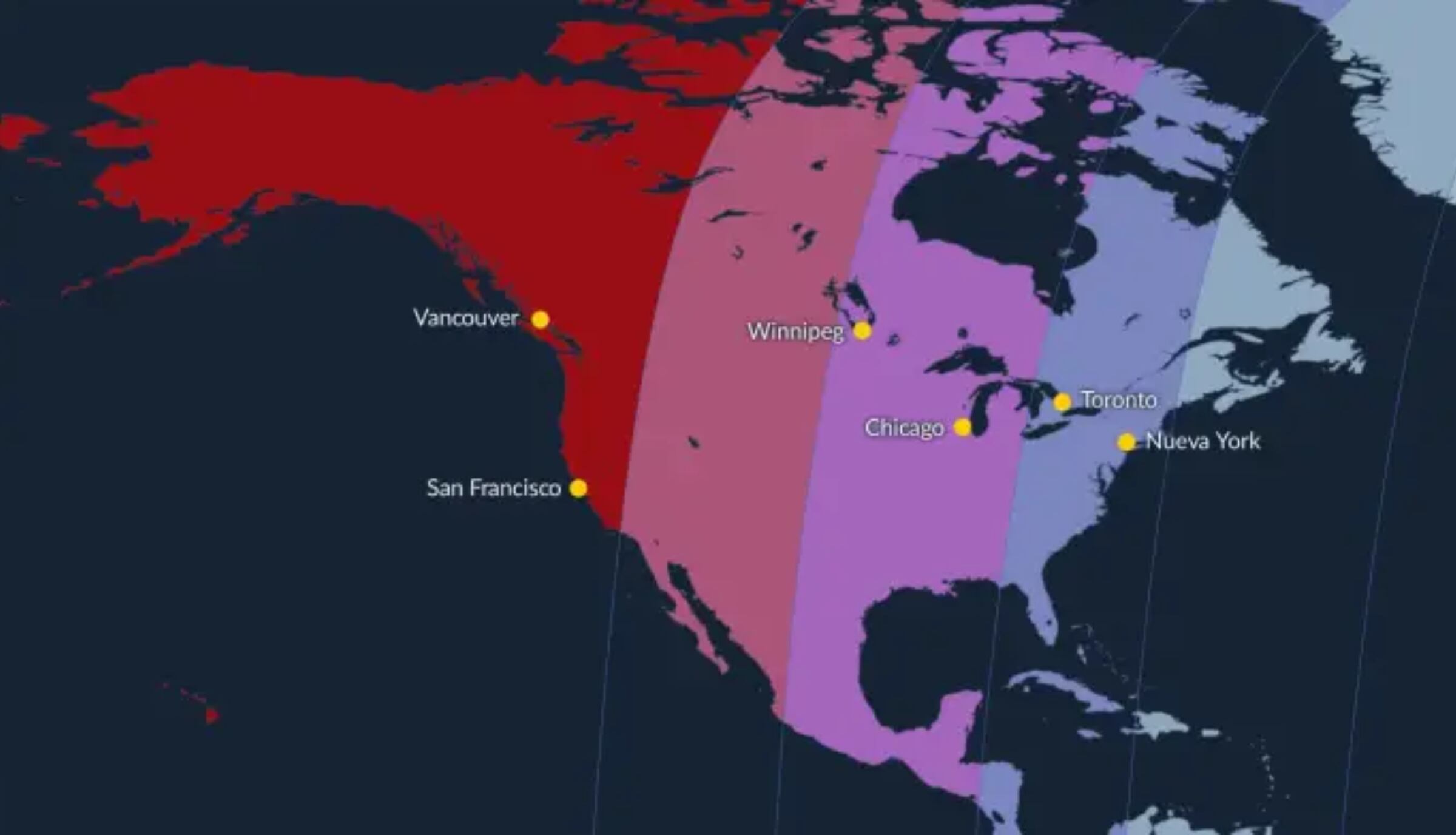 Estas son las zonas que tendrán mejor visibilidad para el Eclipse Lunar Total. Las ciudades del oeste, podrán ver al 100% la Luna de Sangre. (Foto: Starwalk)