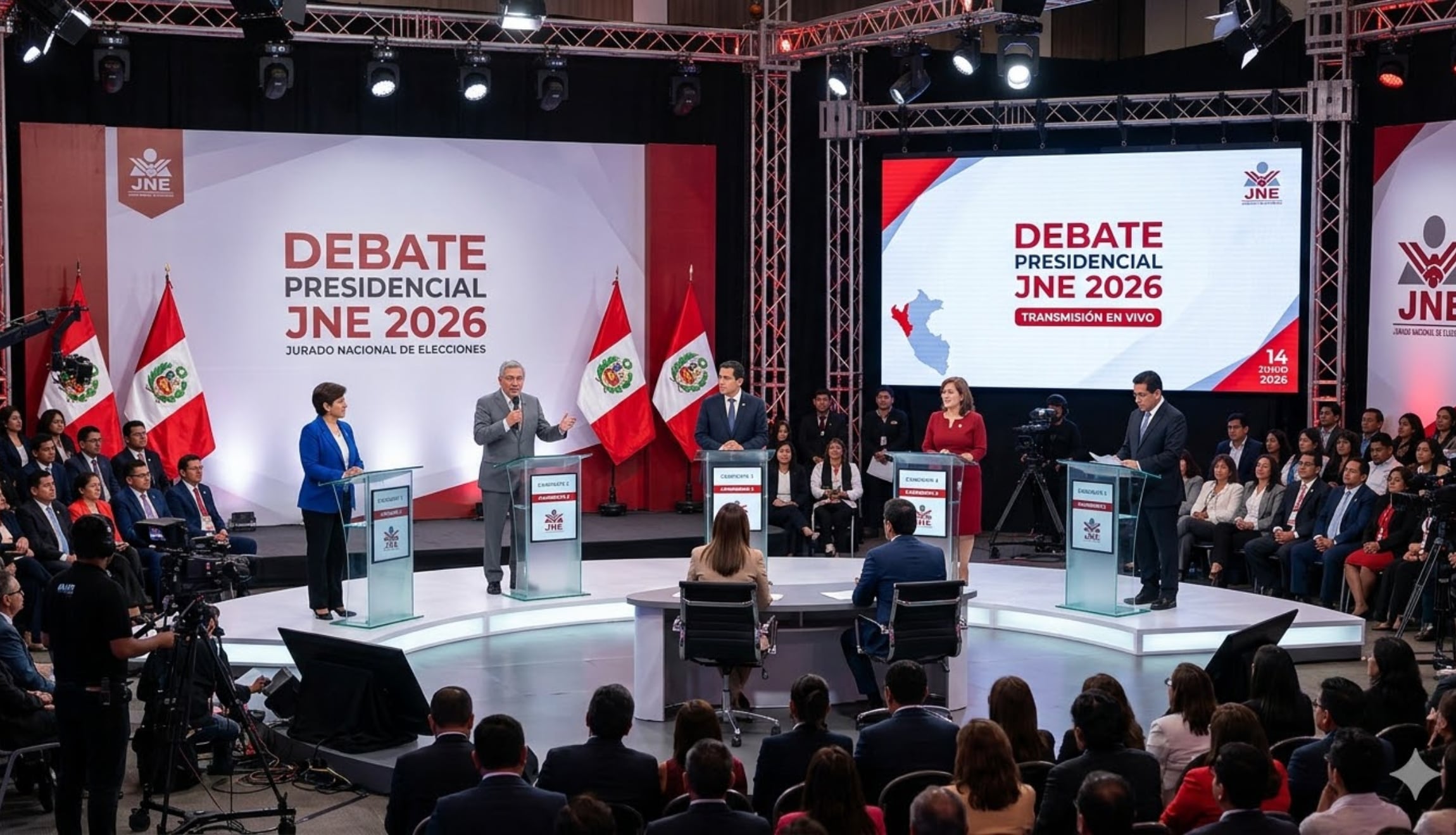 Consulta los detalles para ver el Canal del JNE EN VIVO y seguir el debate presidencial de este lunes 23 de marzo en Streaming Online. (Foto: Imagen creada por Gestión Mix utilizando la IA de Gemini)
