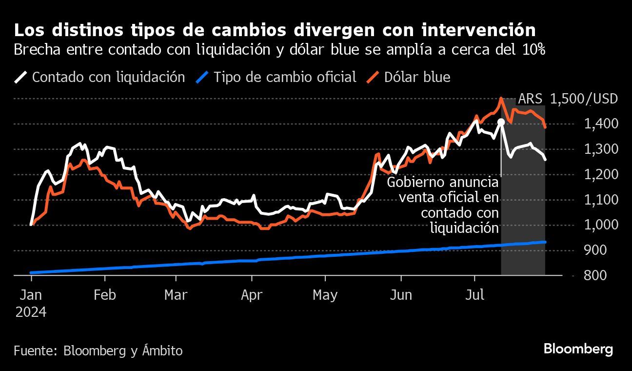 Los distinos tipos de cambios divergen con intervención | Brecha entre contado con liquidación y dólar blue se amplía a cerca del 10% | Foto: Bloomberg