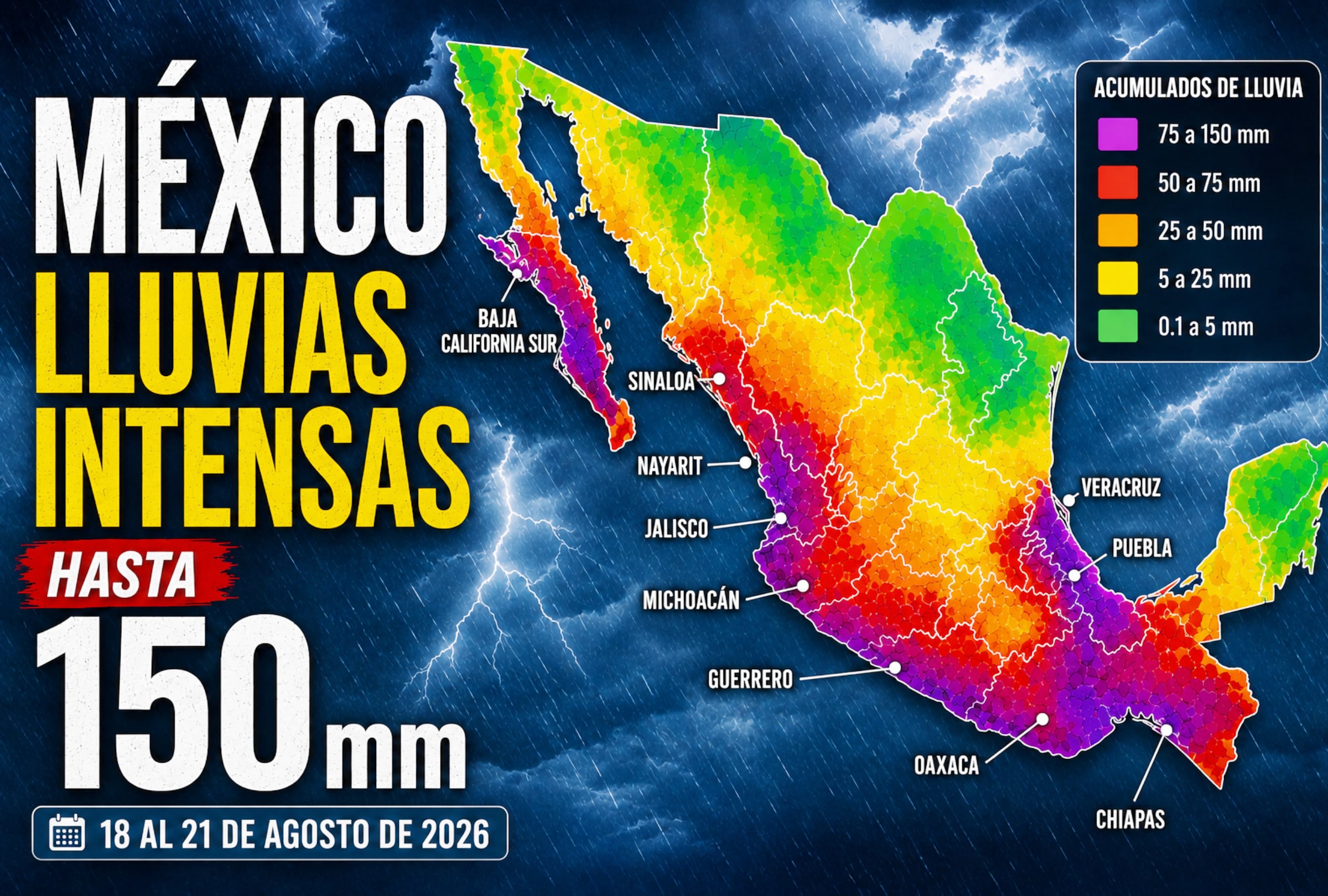 CDMX (MÉXICO), 19/09/2026.- Un diluvio de lluvias amenaza a México: el SMN pronostica hasta 150 mm, granizo y fuertes vientos. Revisa los estados afectados y el pronóstico. FOTO DE SMN CONAGUA
