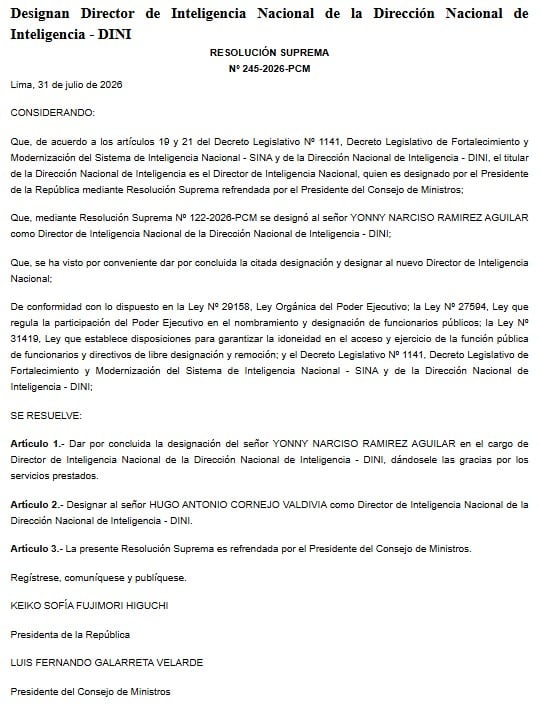 Gobierno designa a Hugo Cornejo como nuevo director de la DINI. Foto: El Peruano