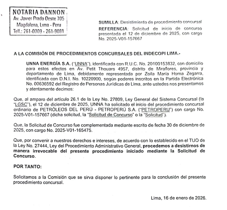 Carta de UNNA Energía. Fuente: JGA de Petroperú