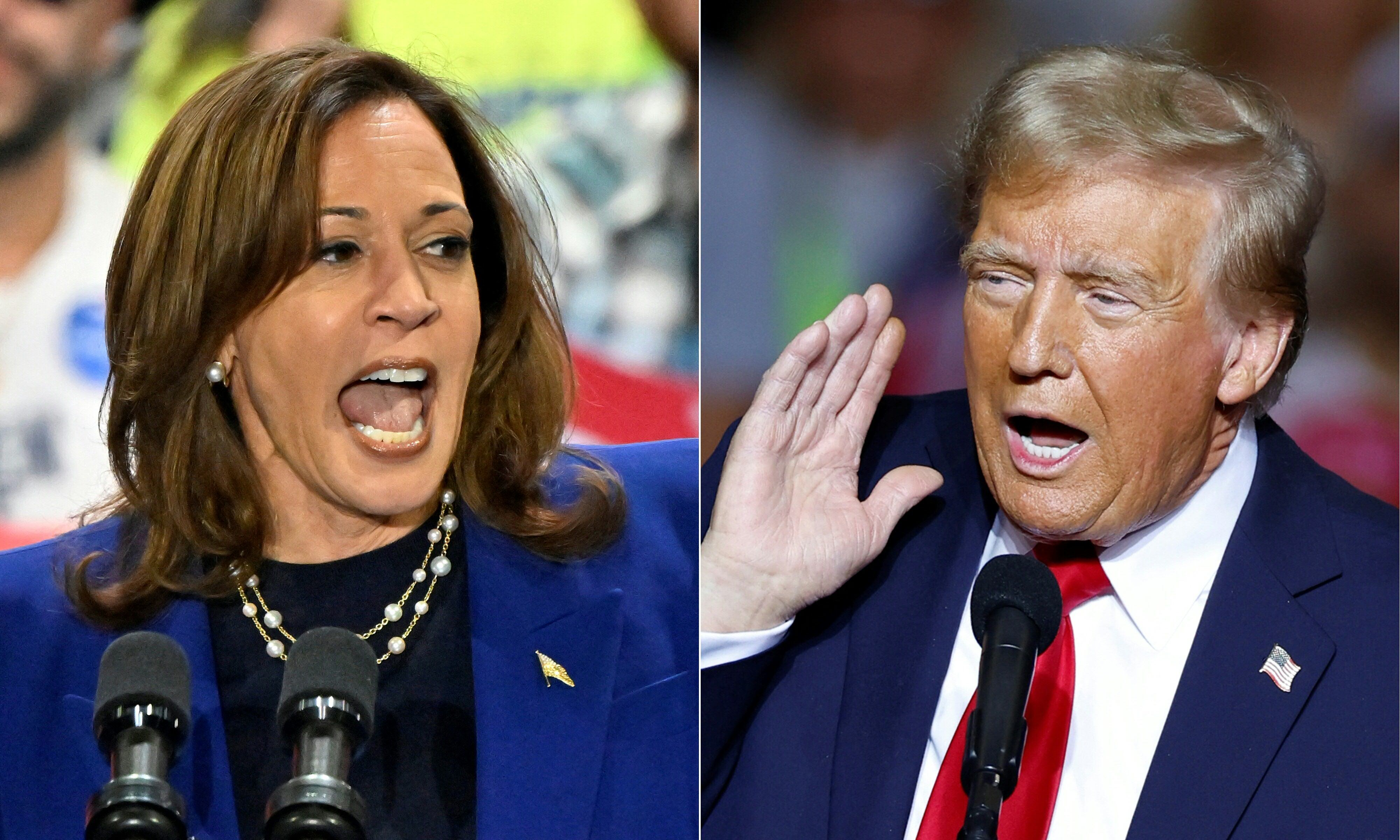 La candidata presidencial demócrata a la Presidencia de Estados Unidos Kamala Harris y el ex presidente y candidato republicano Donald Trump. (Foto de David Becker y KAMIL KRZACZYNSKI / AFP).