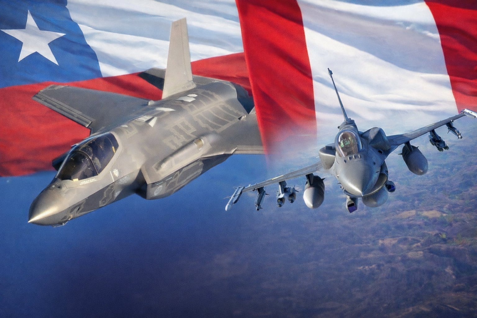 La empresa Lockheed Martin ya habría iniciado el proceso de promoción de esta aeronave en Sudamérica. En Chile los F-35 y en Perú los F-16. Foto: Composición IA.