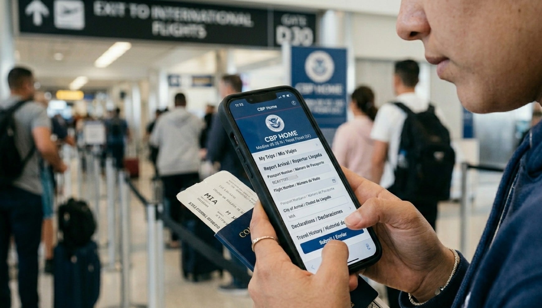 CBP Home permite a ciertos migrantes gestionar su salida voluntaria de EE.UU. desde una aplicación móvil. | Crédito: Imagen creada por Gestión MIX usando Gemini