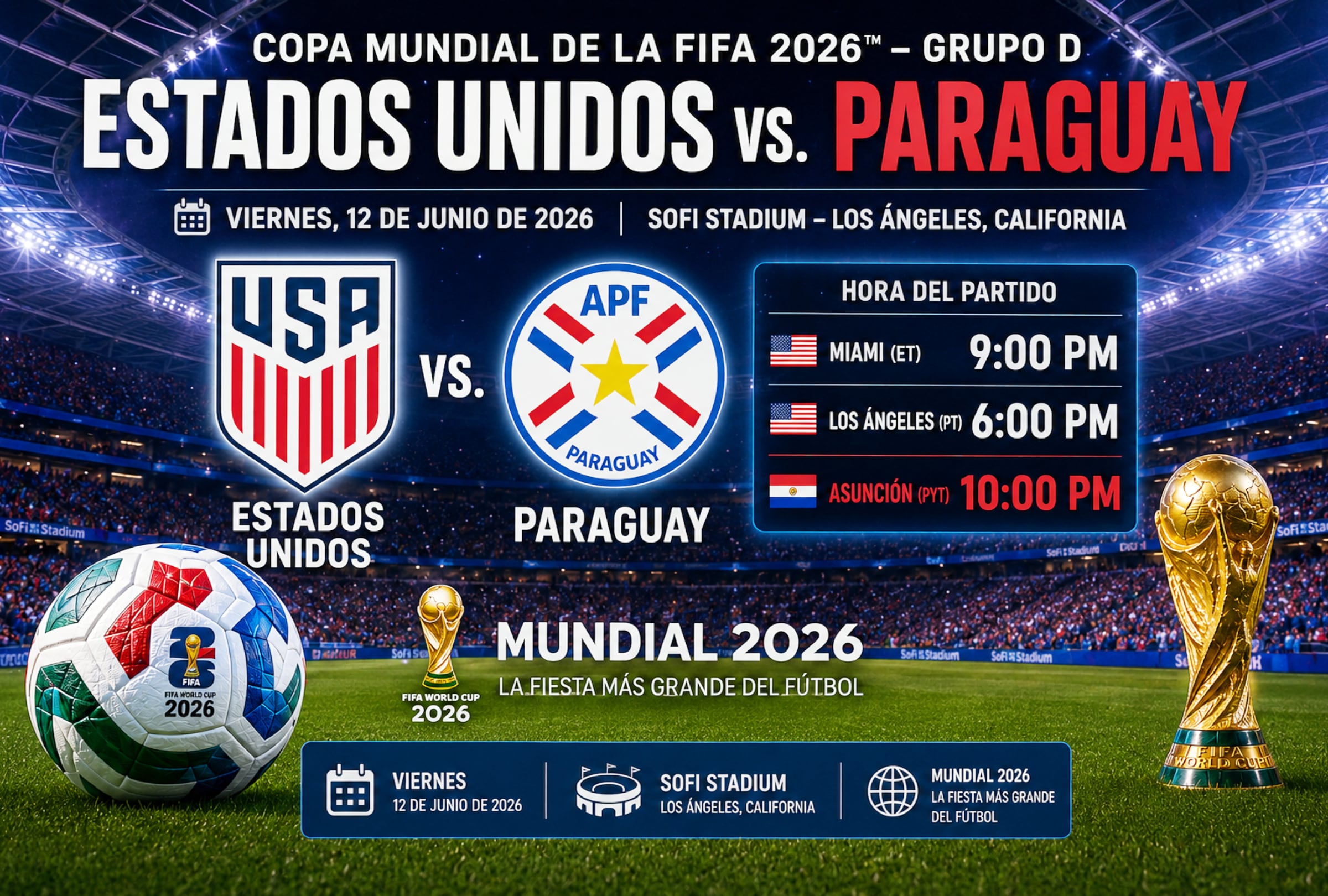 LOS ÁNGELES, CALIFORNIA (ESTADOS UNIDOS), 12/06/2026.- Estados Unidos debuta en la Copa Mundial FIFA 2026 frente a Paraguay en un partido que puede marcar el rumbo del Grupo D. Consulta los horarios oficiales en Perú, México, Argentina, España y el resto del mundo para seguir EN VIVO el estreno del USMNT. FOTO DE NOÉ YACTAYO PARA GESTIÓN MIX