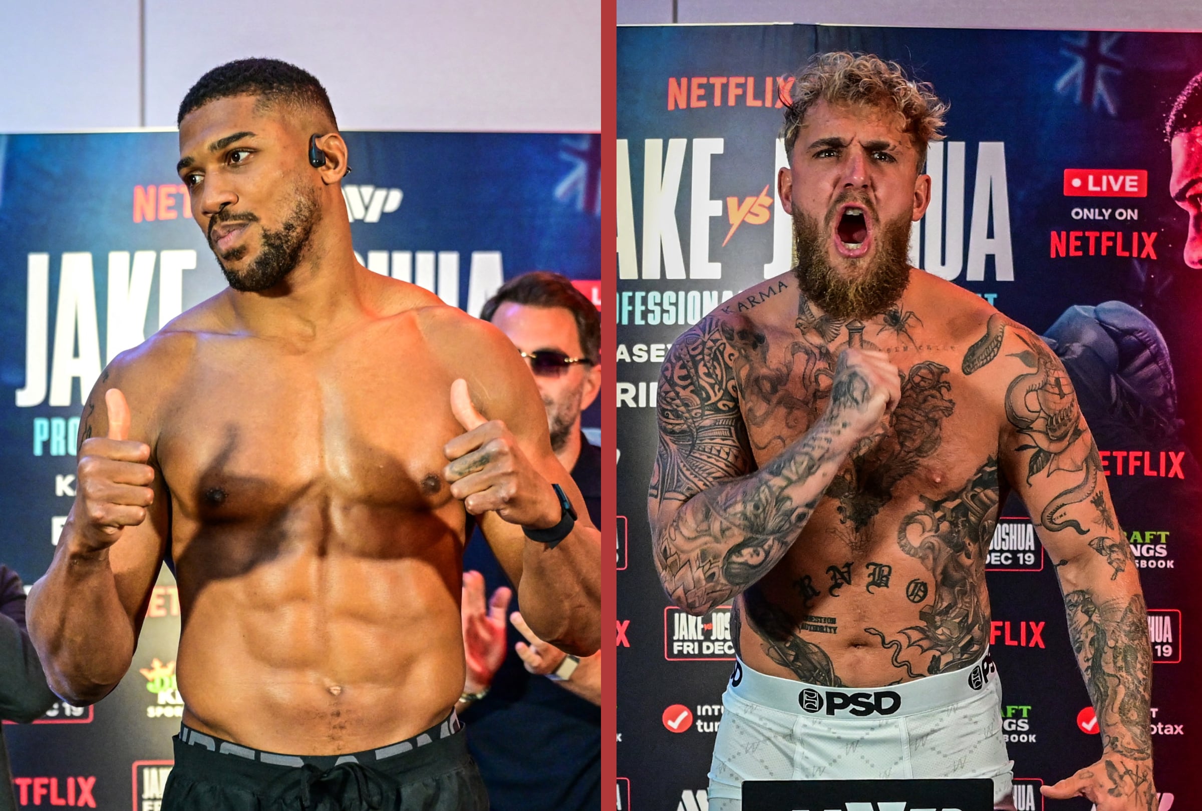 MIAMI, FLORIDA (ESTADOS UNIDOS), 19/12/2025.- Lista de horarios y canales de TV para ver la pelea entre Anthony Joshua y Jake Paul este viernes 19 de diciembre por la categoría peso pesado desde el ring del Kaseya Center de Miami, Florida (EE.UU.). IMAGEN CREADA POR NOÉ YACTAYO CON FOTO DE NETFLIX