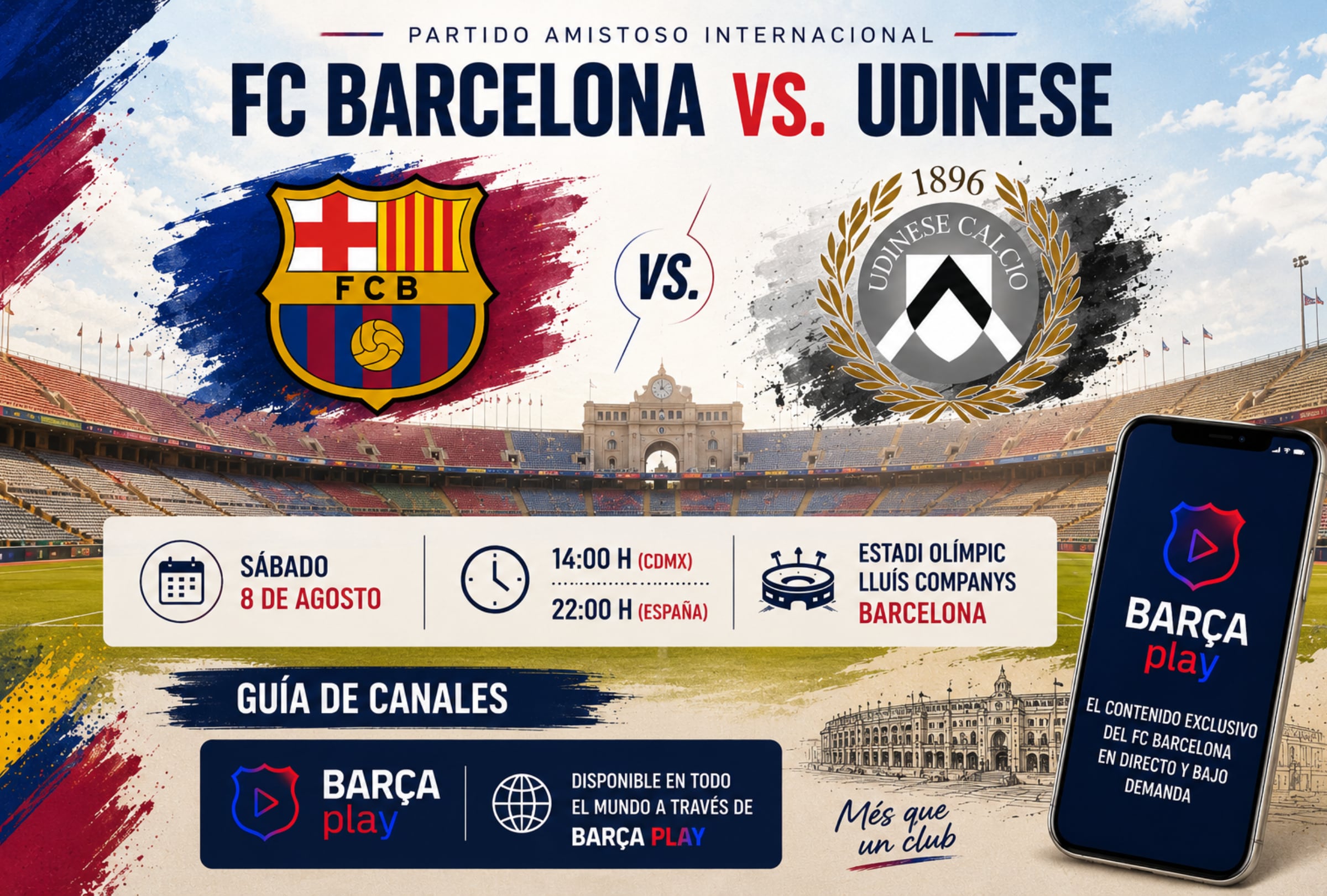UDINE (ITALIA), 08/08/2026.- Lista de horarios y canales de televisión para mirar el partido FC Barcelona vs. Udinese hoy por amistoso de pretemporada 2026 en el Bluenergy Stadium de Udine, Italia. FOTO DE NOÉ YACTAYO