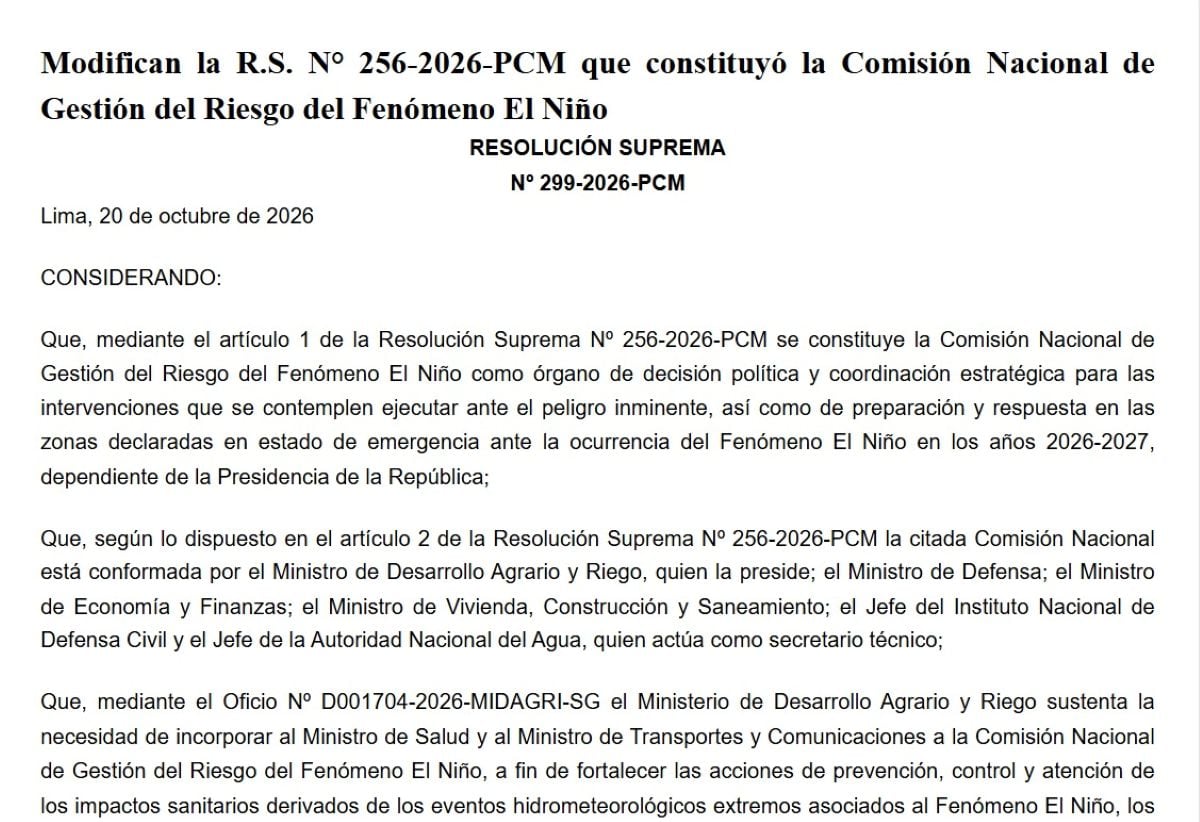 Modifican la R.S. N° 256-2026-PCM que constituyó la Comisión Nacional de Gestión del Riesgo del Fenómeno El Niño. Foto: Diario Oficial El Peruano.