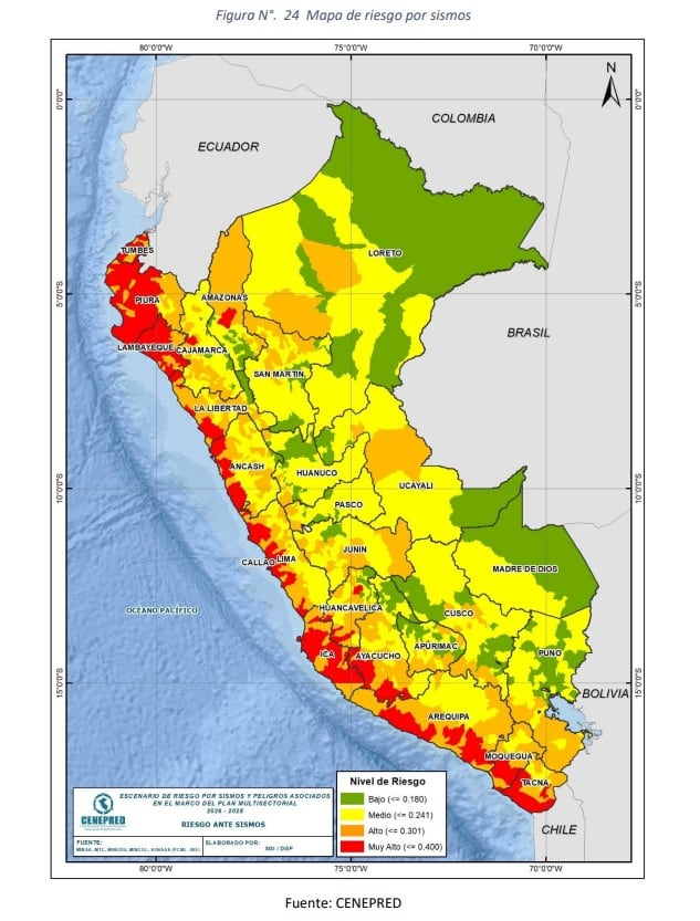 182 distritos del Perú están en riesgo muy alto de cara a un sismo de gran magnitud, según el CENEPRED. Foto: Escenarios de riesgo por sismos y peligros asociados en el marco del Plan Multisectorial 2026 - 2028