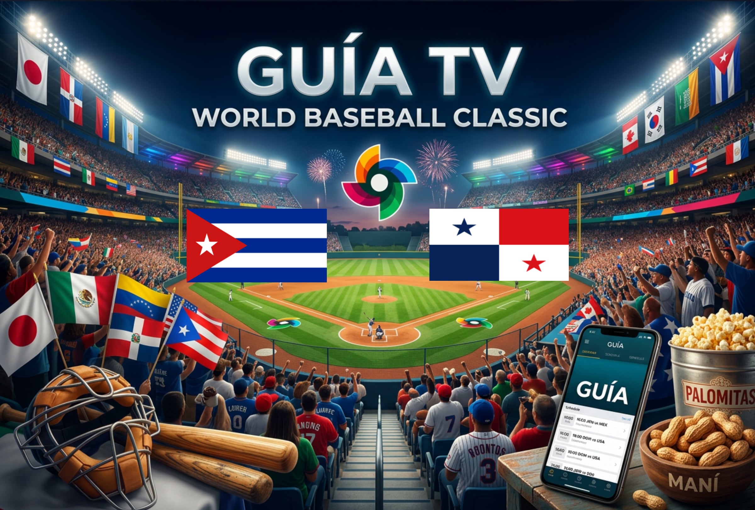 SAN JUAN (PUERTO RICO), 06/03/2026.- Lista de horarios y canales de televisión para ver el juego entre Cuba y Panamá este viernes 6 de marzo por la Jornada 1 del Clásico Mundial de Béisbol 2026. IMAGEN CREADA POR NOÉ YACTAYO CON PERPLEXITY AI PARA GESTIÓN MIX