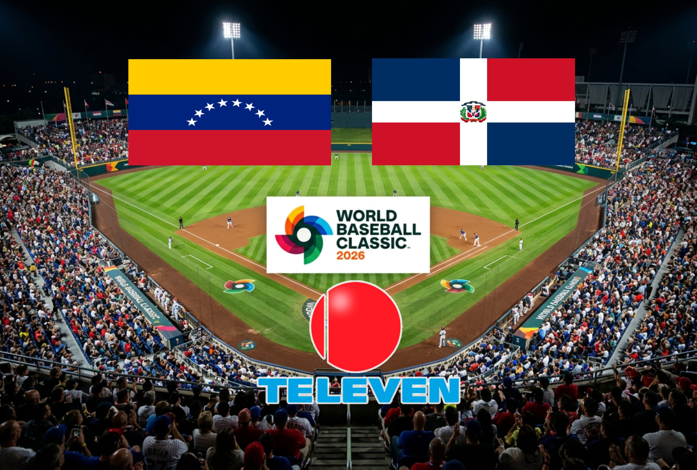 MIAMI, FLORIDA (ESTADOS UNIDOS), 11/03/2026.- Cobertura oficial de Televen EN VIVO GRATIS para ver el juego entre Venezuela y República Dominicana este miércoles 11 de marzo por la quinta entrada del Grupo D en el Clásico Mundial de Béisbol 2026. FOTO CREADA POR NOÉ YACTAYO CON PERPLEXITY AI PARA GESTIÓN MIX