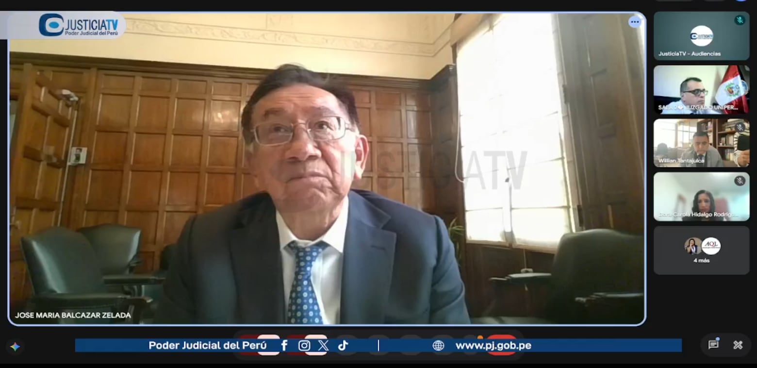 Quedó suspendido el juicio oral contra el presidente José María Balcázar, tras solicitudes de su defensa. Foto: Justicia TV.