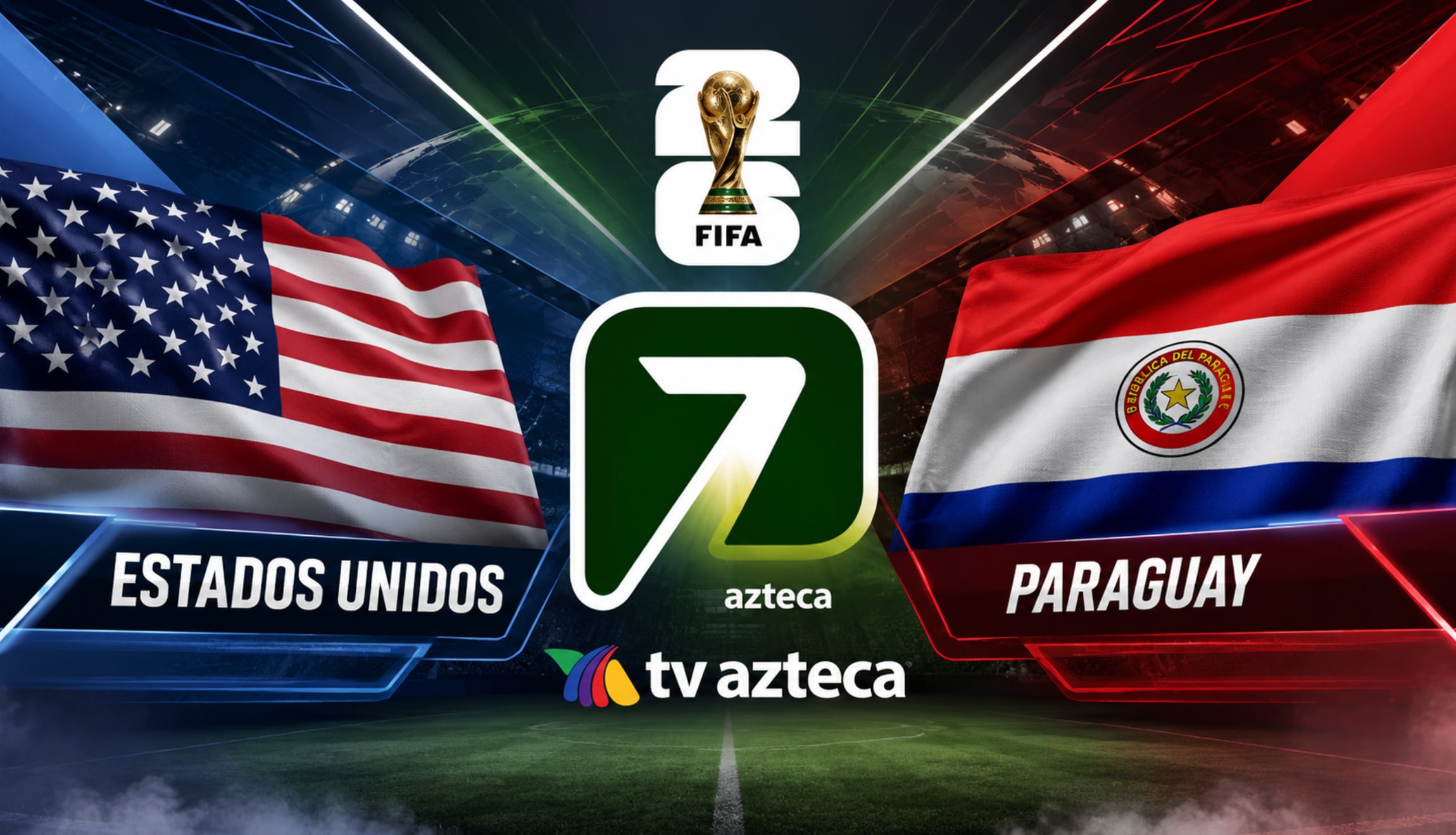 Señal de TV Azteca 7 EN VIVO para ver el partido de Estados Unidos vs. Paraguay en directo, este viernes 12 de junio, por la Jornada 1 del Mundial de Fútbol 2026. (Foto: Imagen creada por Gestión Mix utilizando la IA de Chat GPT)