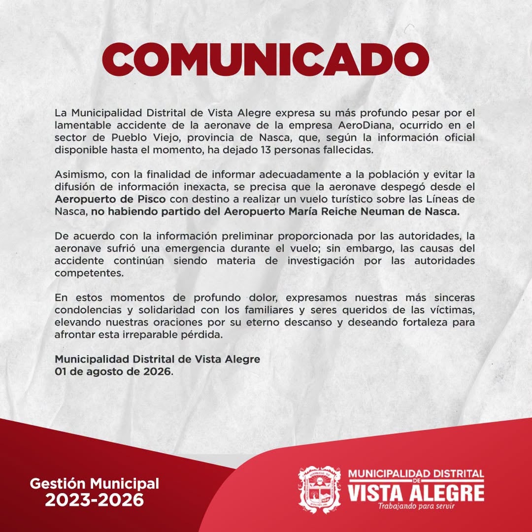 Confirman 13 fallecidos tras caída de avioneta turística que sobrevolaba las Líneas de Nasca. Foto: Municipalidad de Vista Alegre.