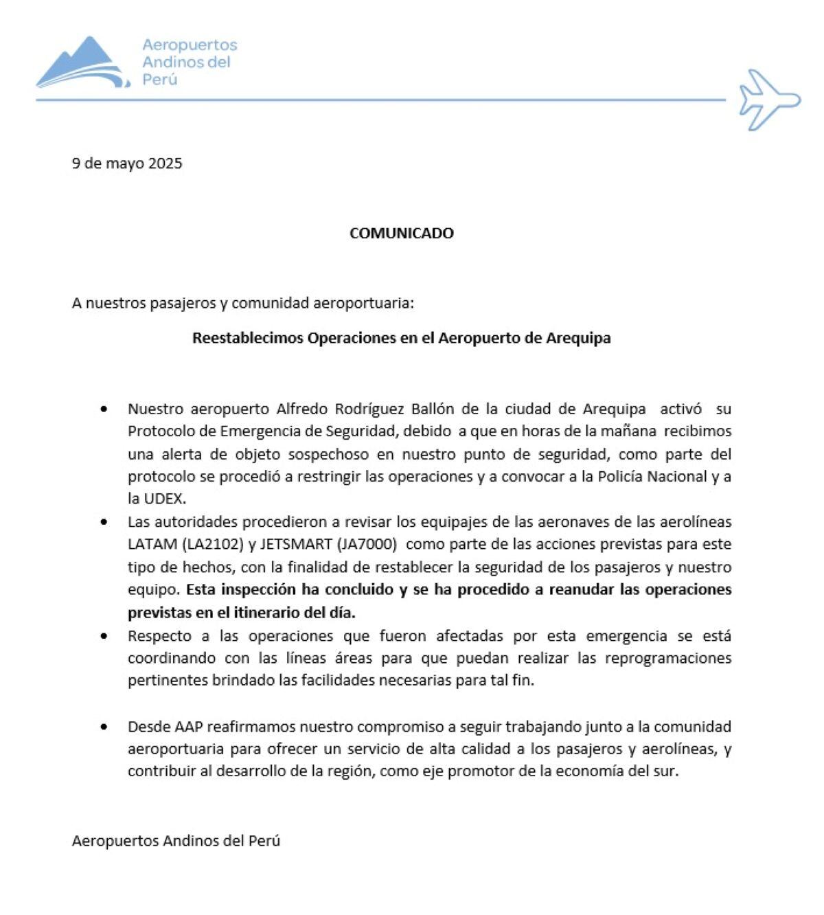 Comunicado de Aeropuertos Andinos del Perú.