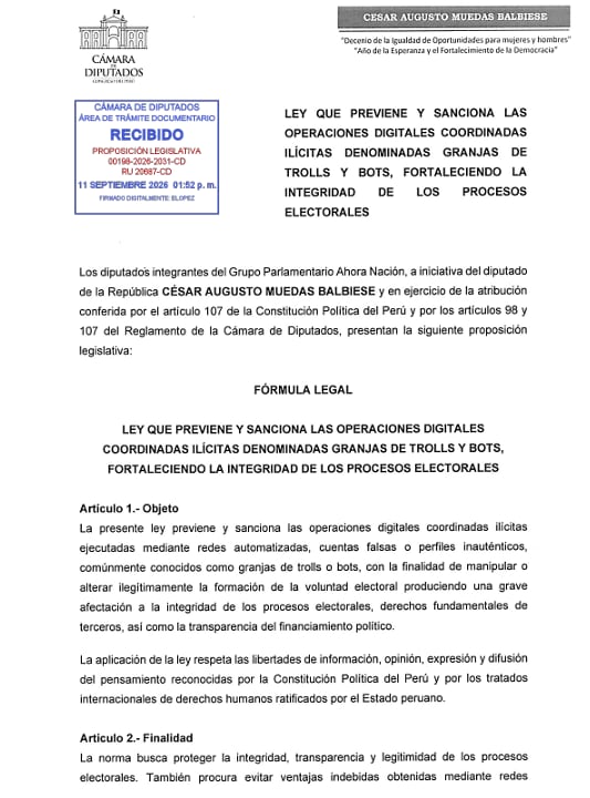 El diputado César Muedas (Ahora Nación) presenta proyecto de ley para sancionar operaciones digitales coordinadas conocidas como las granjas de trolls, a fin de fortalecer la integridad de los procesos electorales. Foto: Difusión.