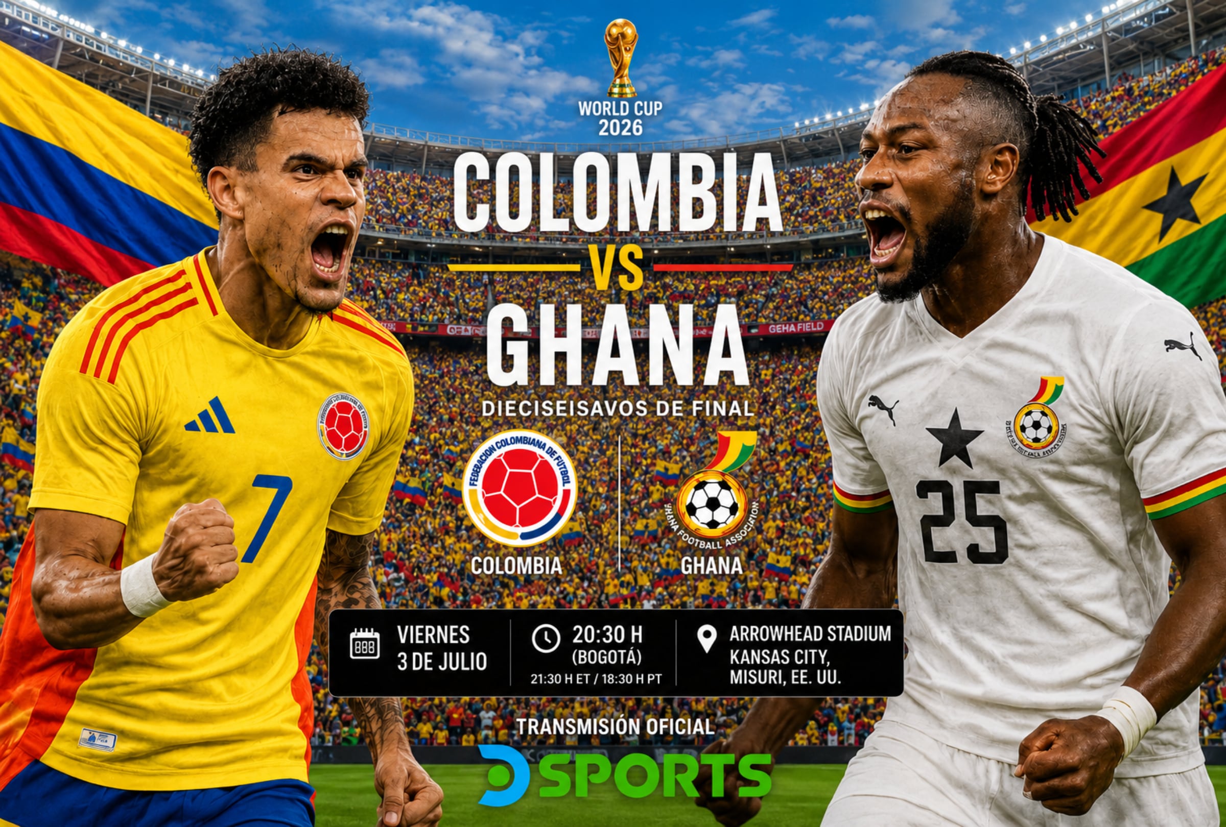 KANSAS CITY, MISURI (ESTADOS UNIDOS), 03/07/2026.- Lista de canales de TV y servicios streaming para ver el partido Colombia vs. Ghana EN VIVO, ONLINE y EN DIRECTO por los dieciseisavos de final del Mundial 2026 en el Arrowhead Stadium de Kansas City, Misuri. FOTO DE NOÉ YACTAYO