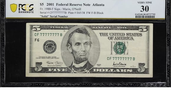 Los billetes de 5 dólares con un número de serie sólido son piezas rarísimas que pueden costar miles de dólares (Foto: eBay)