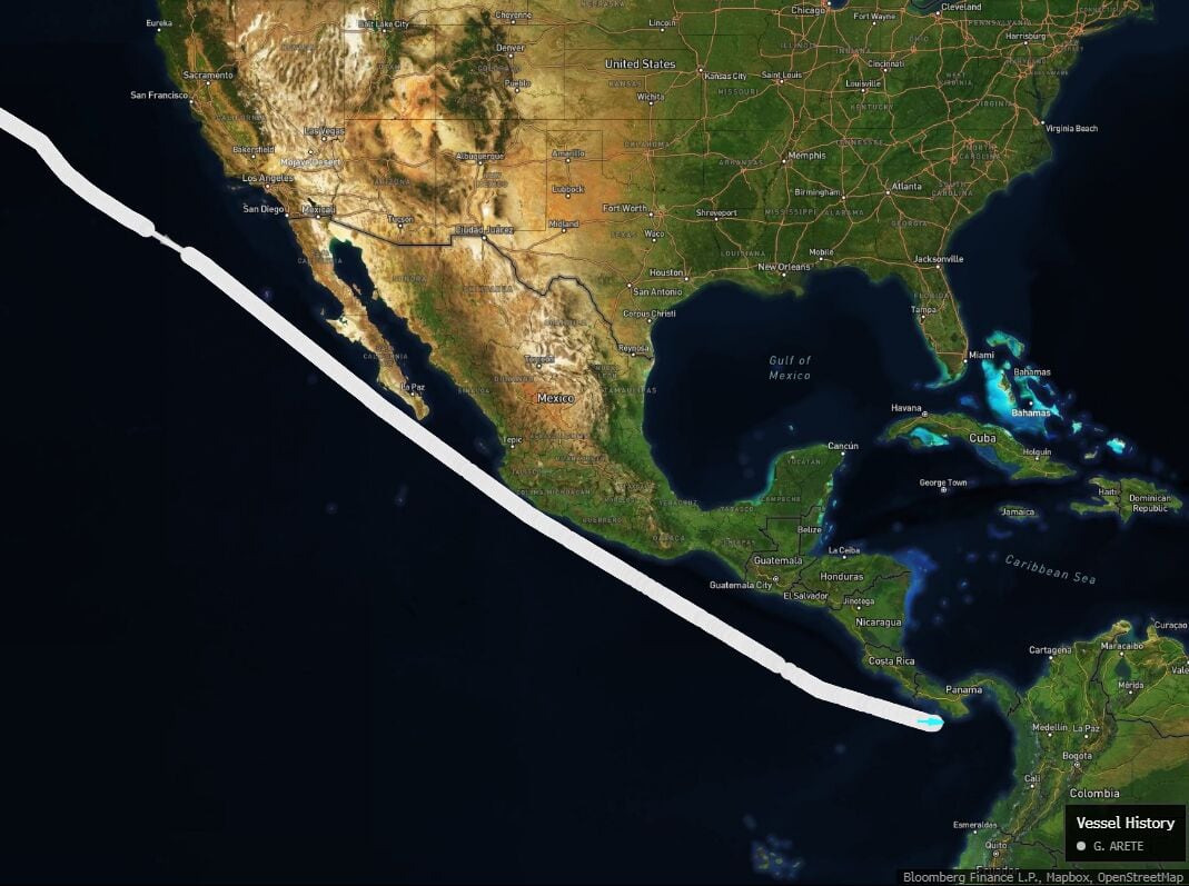 El G. Arete se aproxima al Canal de Panamá tras zarpar de Corea del Sur a finales de julio.