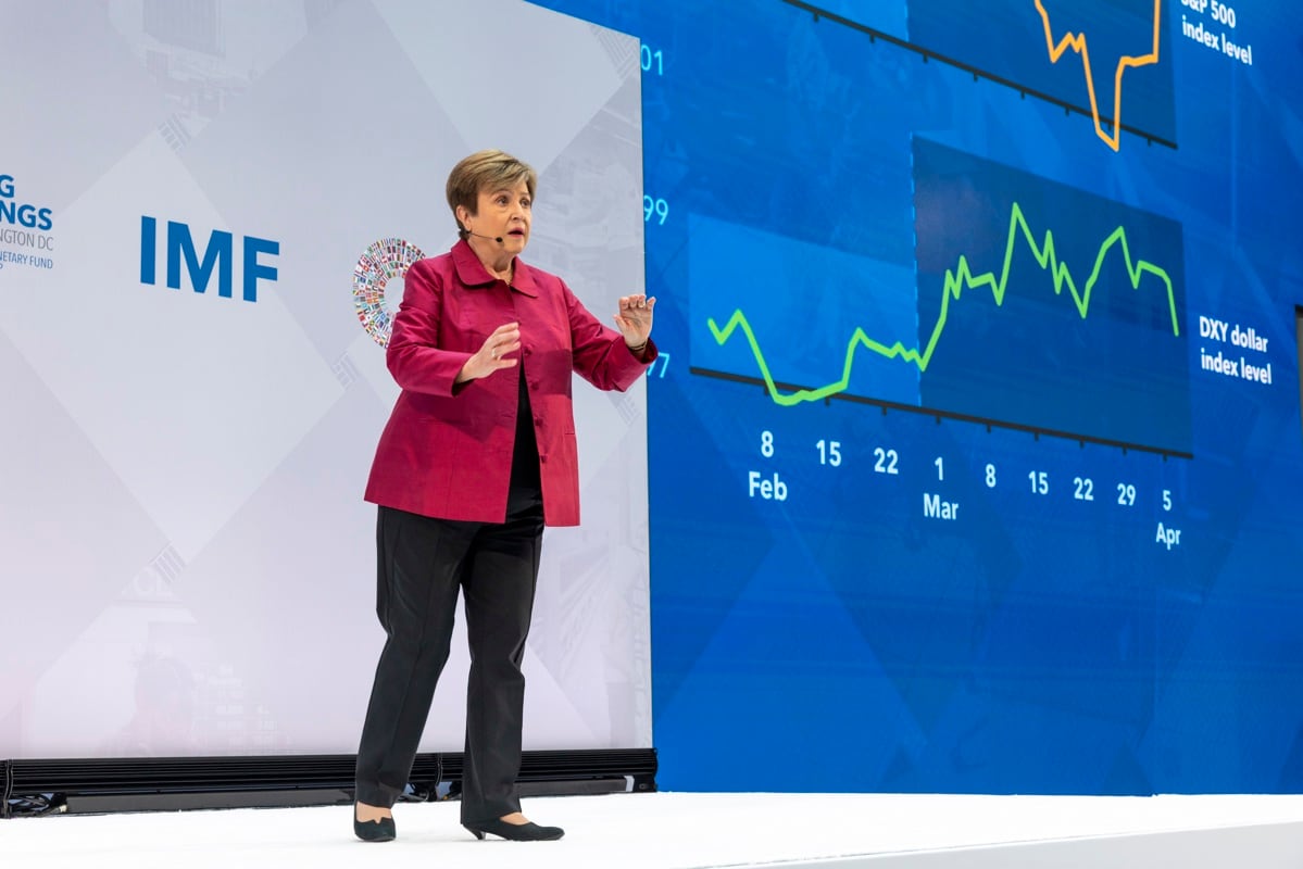 La directora gerente del Fondo Monetario Internacional (FMI), Kristalina Georgieva, pronuncia un discurso durante su acto inaugural en la sede del FMI en Washington, D.C., EE. UU., el 9 de abril de 2026. Las Reuniones de Primavera del FMI y el Banco Mundial se celebrarán del 13 al 18 de abril en Washington, D.C. EFE/EPA/SHAWN THEW
