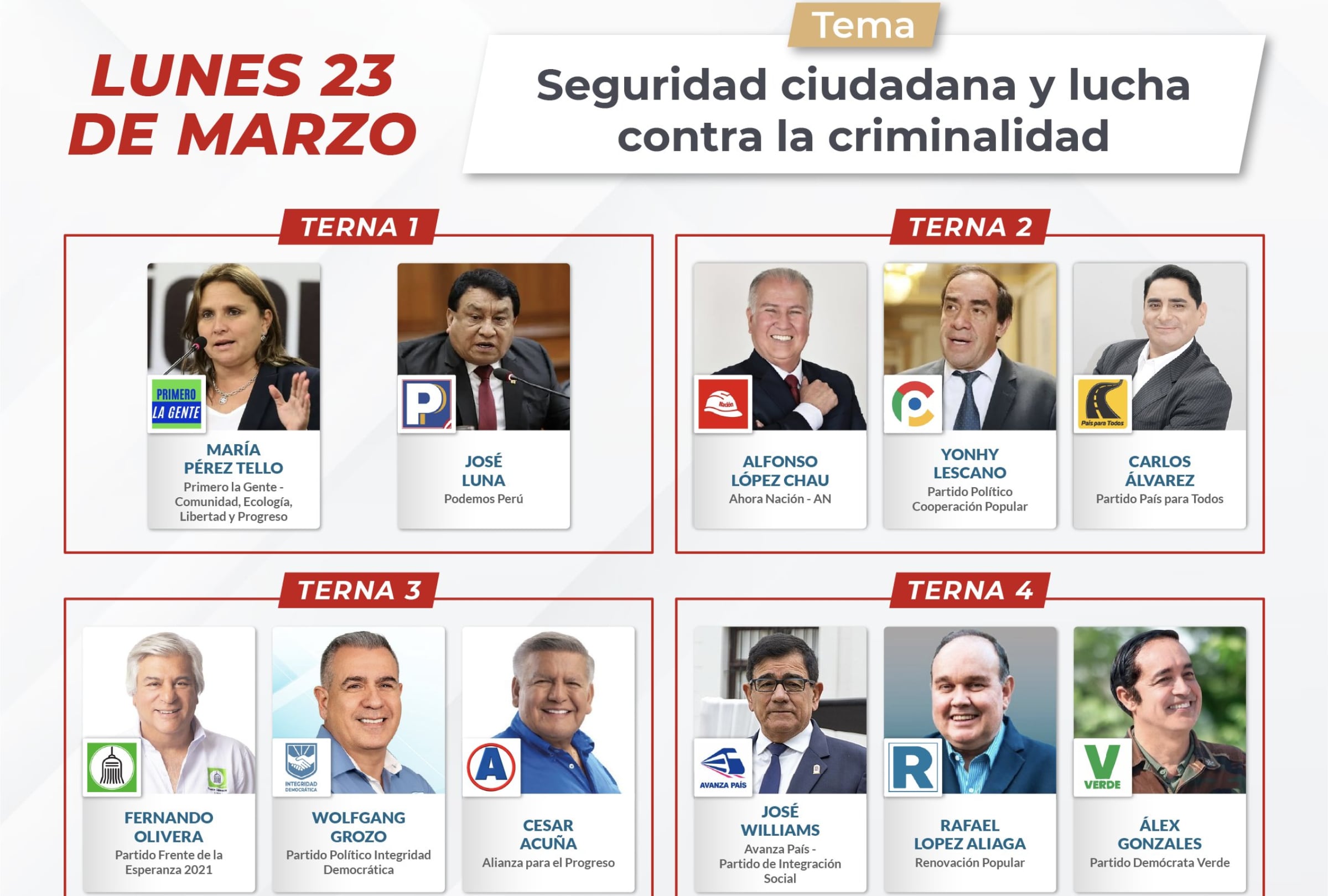LIMA (PERÚ), 23/03/2026.- Debate presidencial JNE 2026: hora, canal y qué candidatos participan este lunes 23 de marzo desde el Centro de Convenciones de Lima. FOTO DEL JNE
