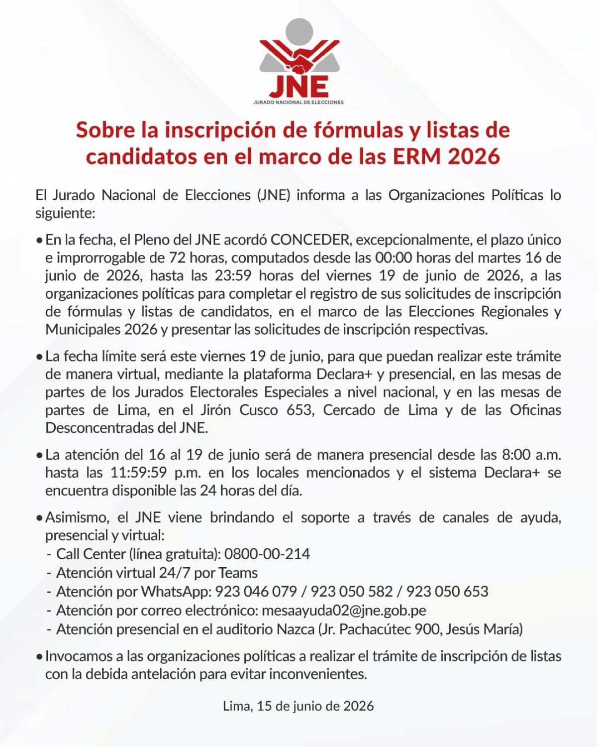 El JNE otorgó un plazo excepcional de 72 horas para completar la inscripción de fórmulas y listas de candidatos para las ERM 2026.
