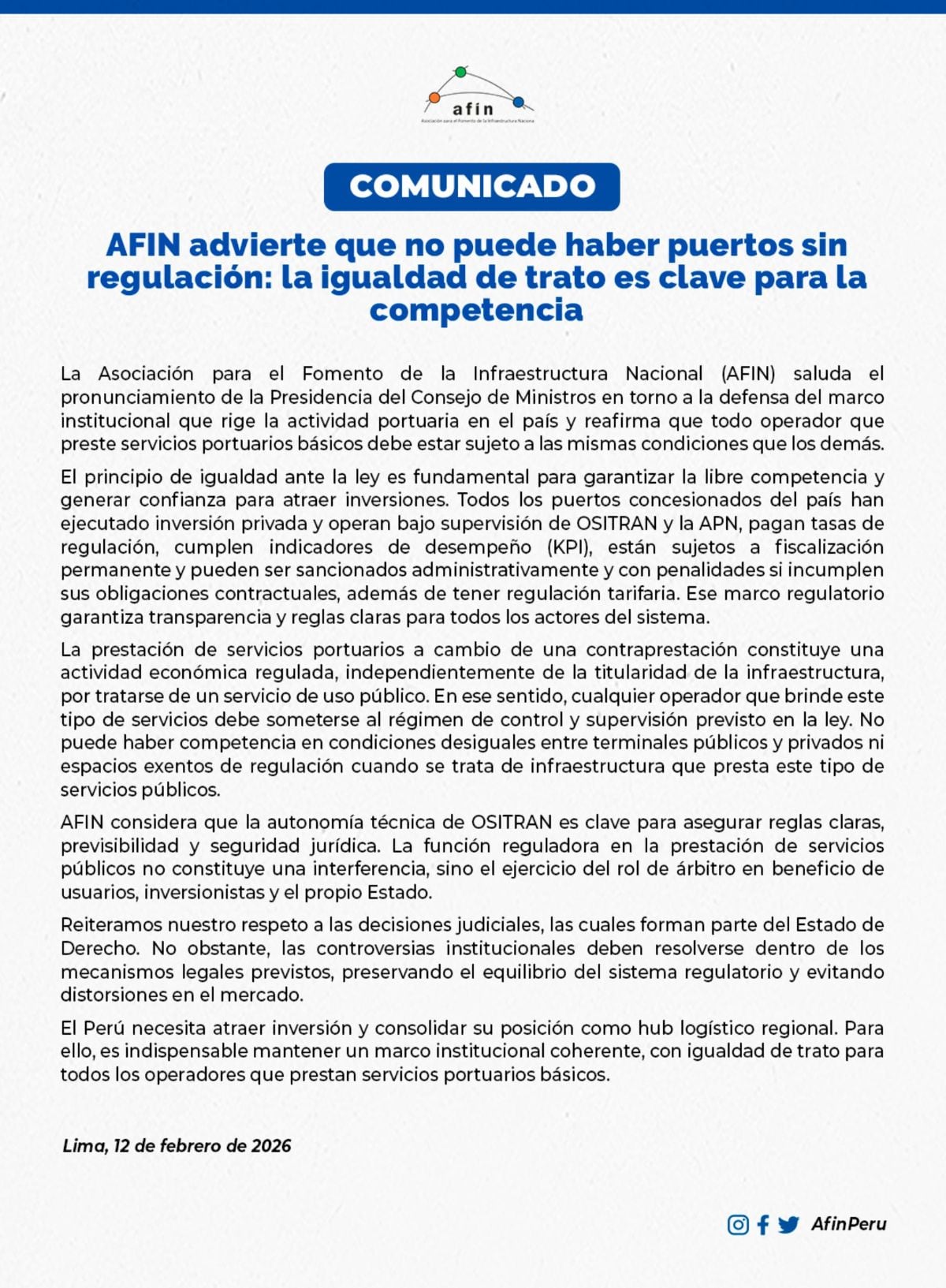 Comunicado de AFIN. Foto: X.