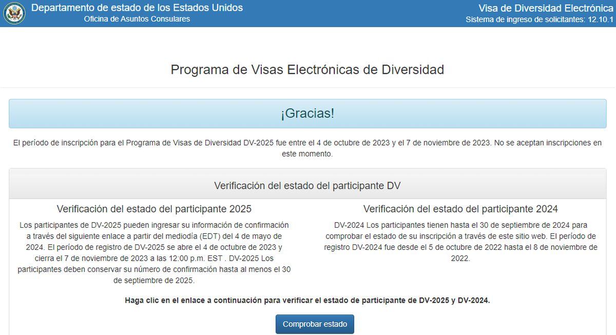 Página para revisar en qué estado se encuentra tu solicitud para la Lotería de visas (Foto: Departamento de estado de los Estados Unidos)