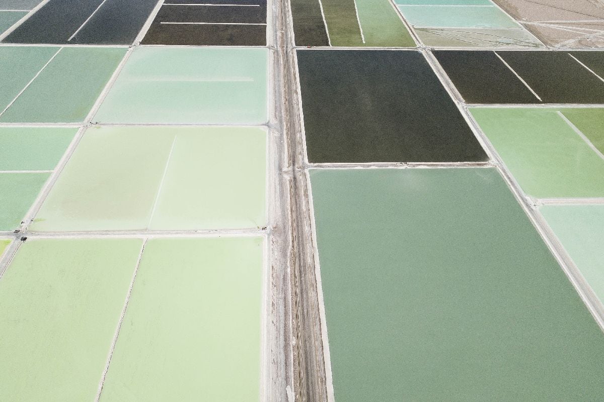 Brine pools at a lithium mine in Calama, Antofagasta region, Chile.