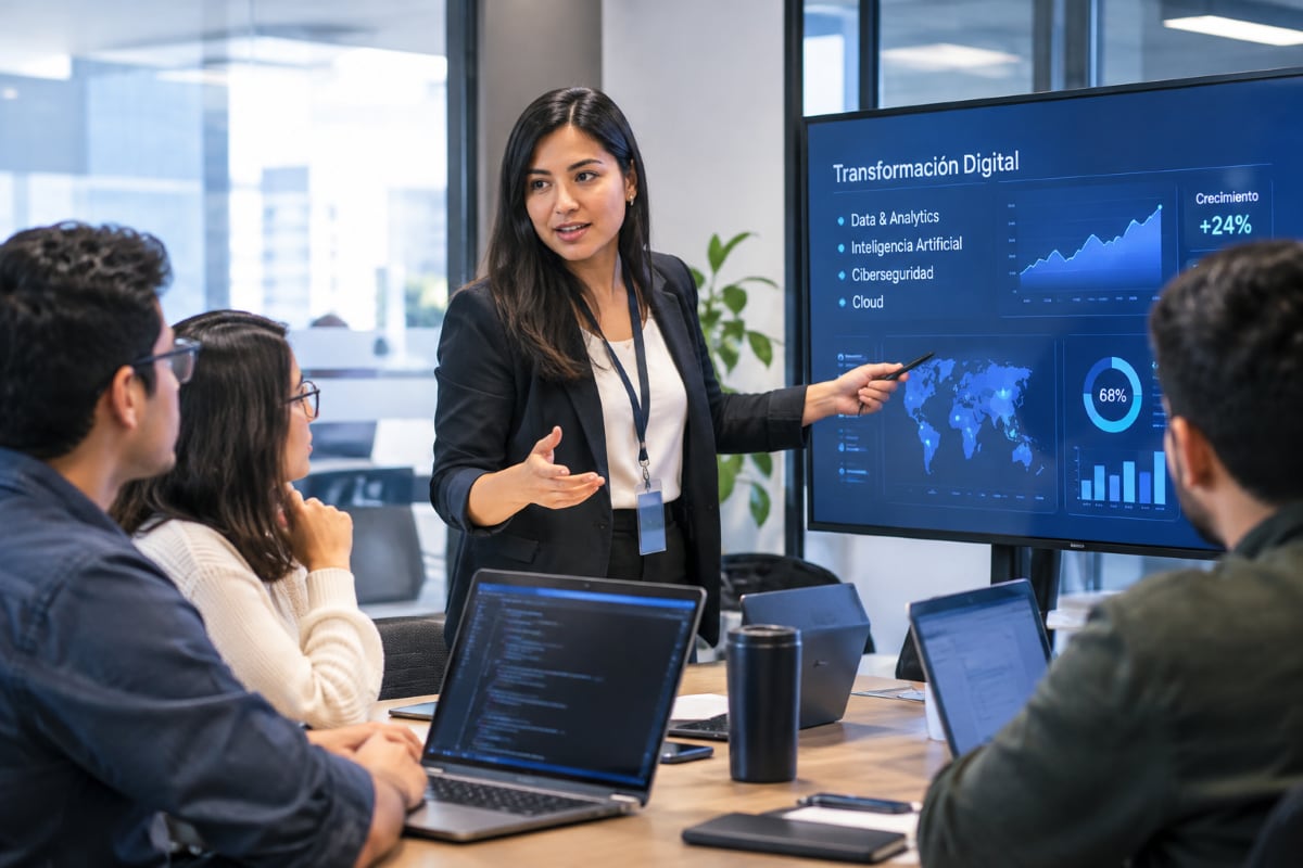 La participación de mujeres sigue siendo menor en perfiles tecnológicos altamente especializados, como ingeniería de datos, Cloud, ciberseguridad e inteligencia artificial. Foto: Composición Gestión/ ChatGPT.