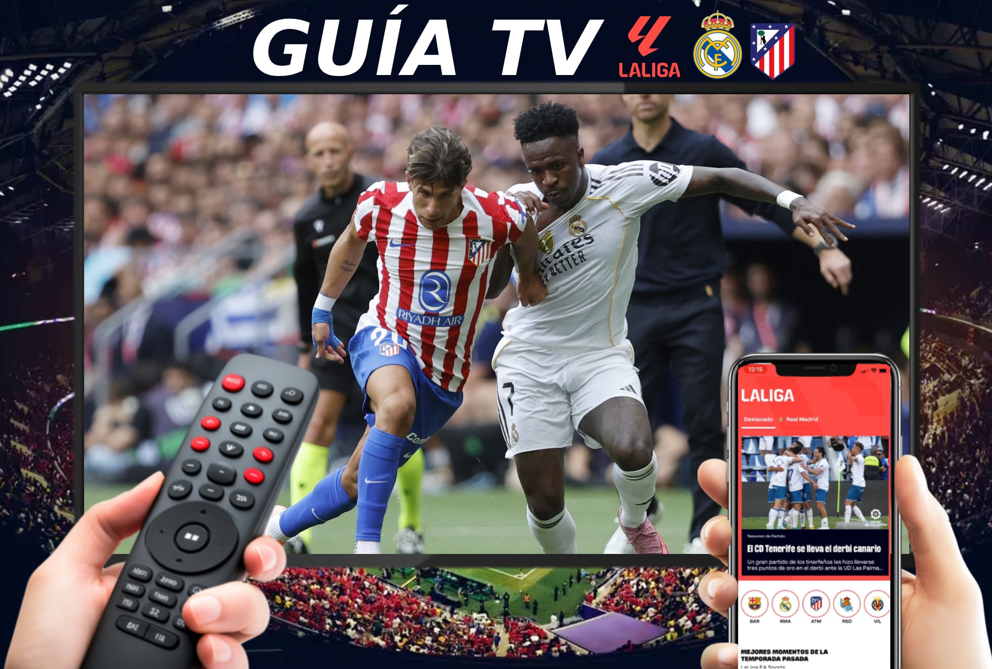 YEDA (ARABIA SAUDITA), 08/01/2026.- Lista de canales de televisión y servicios streaming para ver el partido entre Real Madrid y Atlético Madrid este jueves 8 de enero por la semifinal de la Supercopa de España 2026 desde Yeda, Arabia Saudita. IMAGEN CREADA POR NOÉ YACTAYO CON FOTO DE PIERRE-PHILIPPE MARCOU (AFP) PARA MAG DE EL COMERCIO