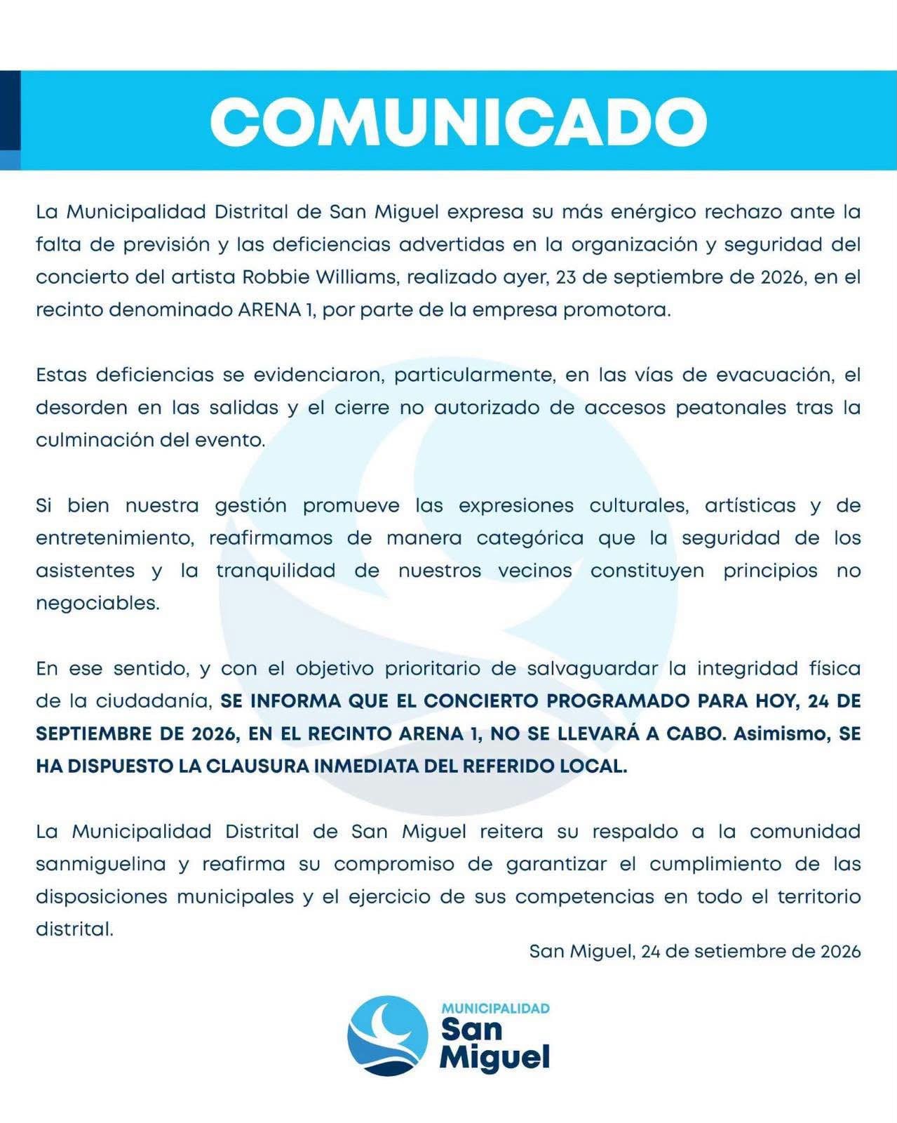 Comunicado de la Municipalidad de San Miguel.