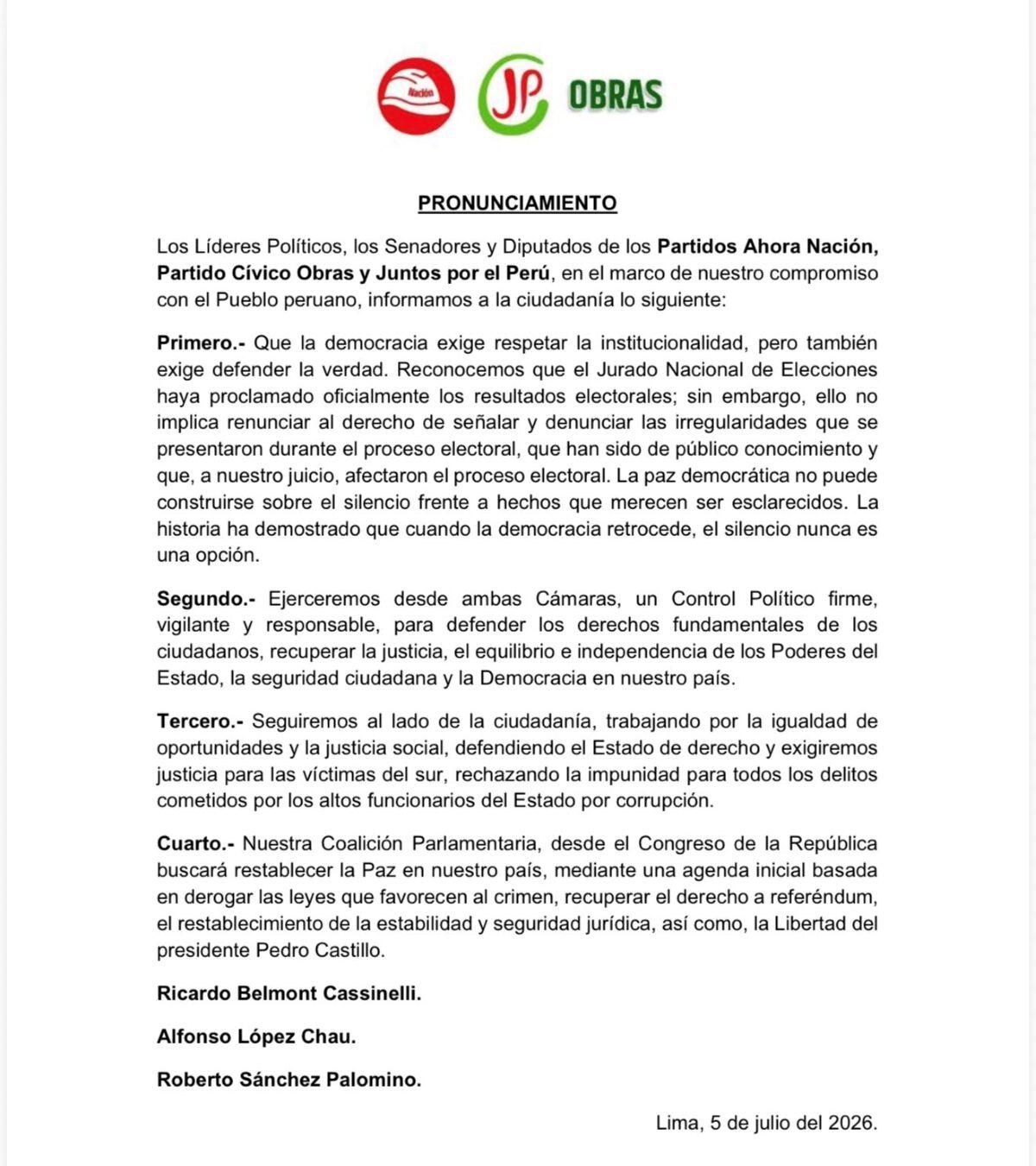 Bloque legislativo adelantó que ejercerá control político desde ambas cámaras y promoverá una agenda con reformas legislativas específicas. Foto: X.