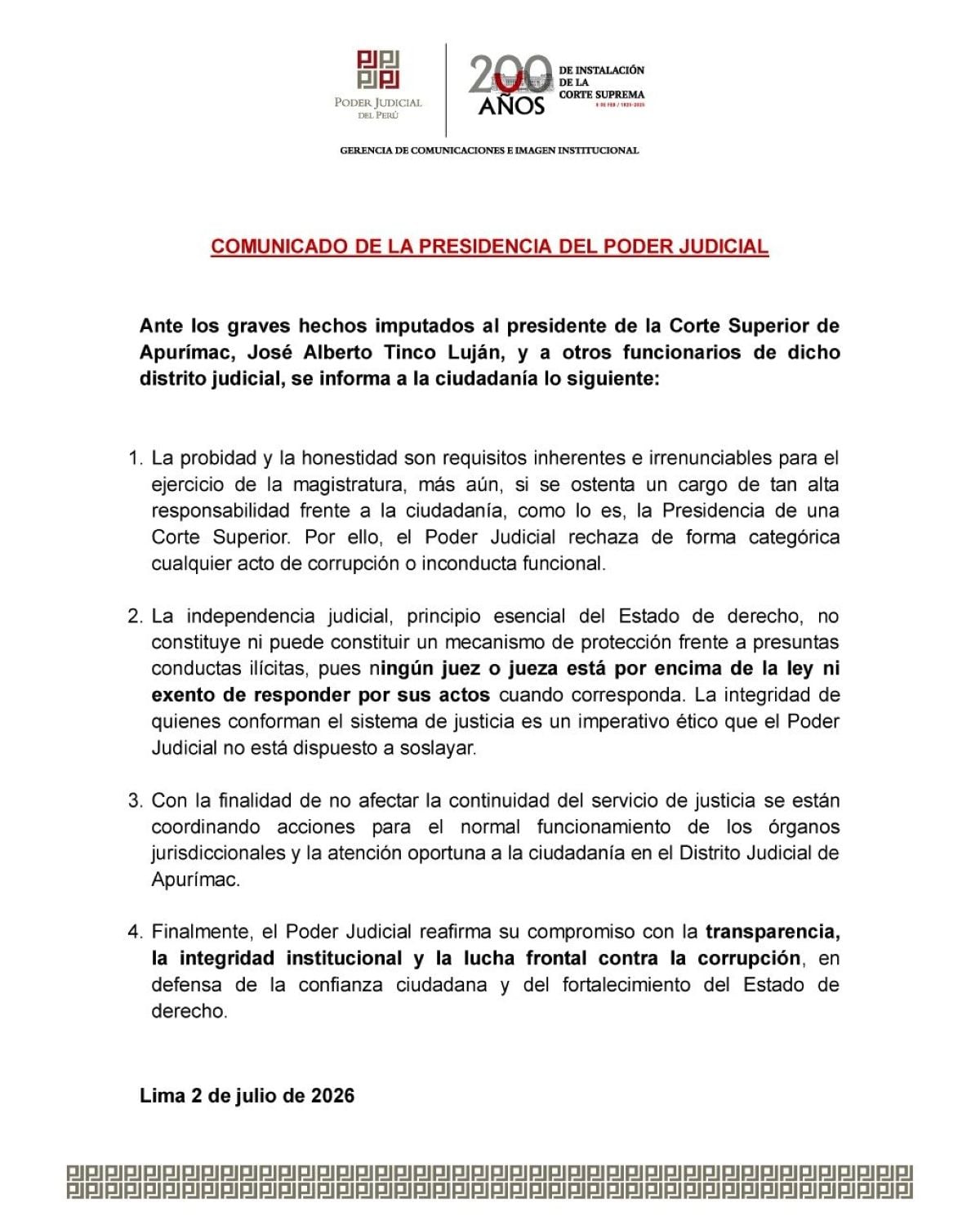 El Poder Judicial afirmó que ningún juez está por encima de la ley y garantizó la continuidad del servicio de justicia en Apurímac. Foto: PJ.