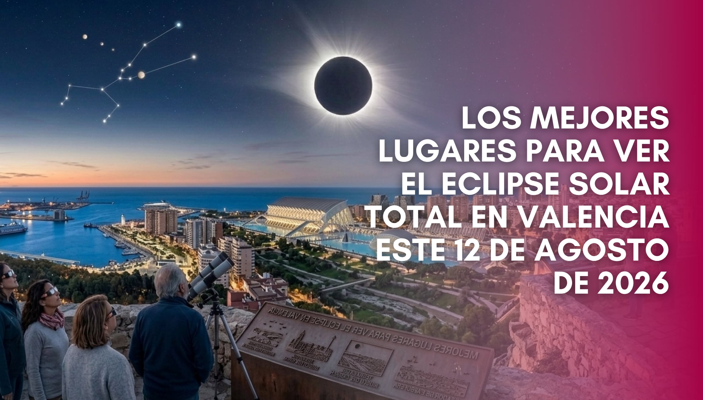 La Ciudad de las Artes y las Ciencias en Valencia, señalada como uno de los espacios idóneos para disfrutar de la alineación astronómica y el oscurecimiento del cielo el 12 de agosto de 2026. | Imagen referencial creada por Gestión Mix utilizando la IA de Gemini / Composición GEC