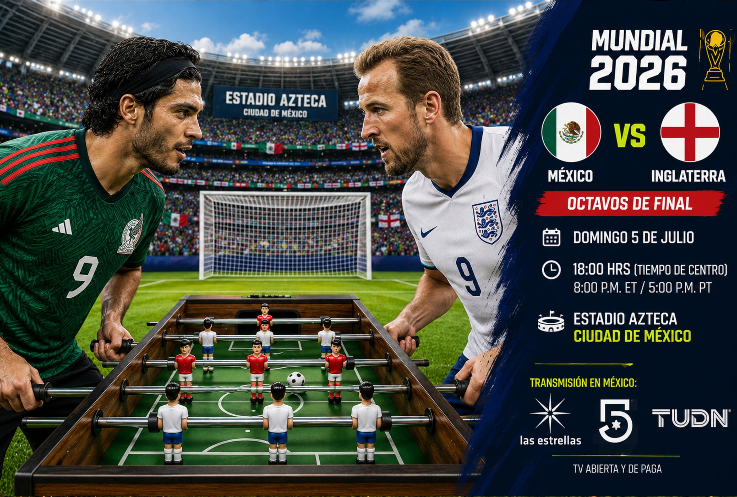 CIUDAD DE MÉXICO, CDMX (MÉXICO), 05/07/2026.- Cobertura oficial de TUDN y Canal 5 EN VIVO GRATIS para ver el partido México vs. Inglaterra hoy por los octavos de final del Mundial 2026 en el Estadio Azteca de la Ciudad de México. FOTO DE NOÉ YACTAYO