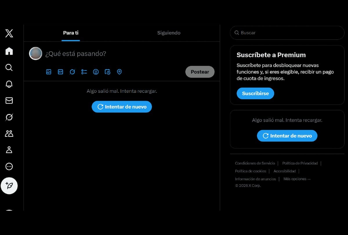 Los usuarios de X (antes Twitter) vienen reportando fallas al intentar cargar el feed. | Crédito: Captura de X